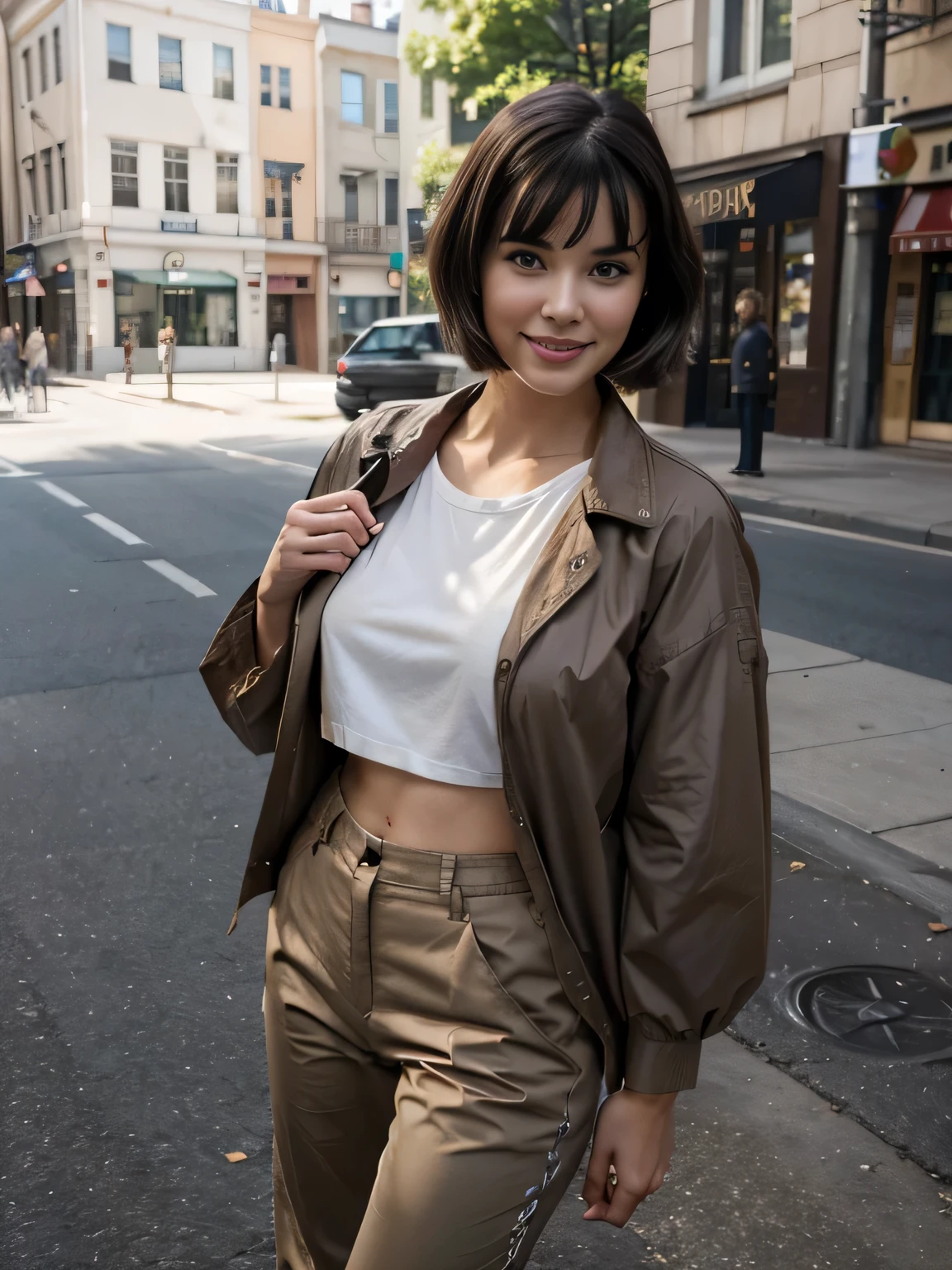 top-quality、​masterpiece、超A high resolution、(realisitic:1.4)、Beautuful bettie Page、Beautiful detail eyes、smile、Light brown short-cut hair, She is Wearing a shirt and long pants posing for a photo, photo of girl model, IG-Modell, beautiful female model, on the street, shirt, red shirt, long pants, underwear, brown jacket