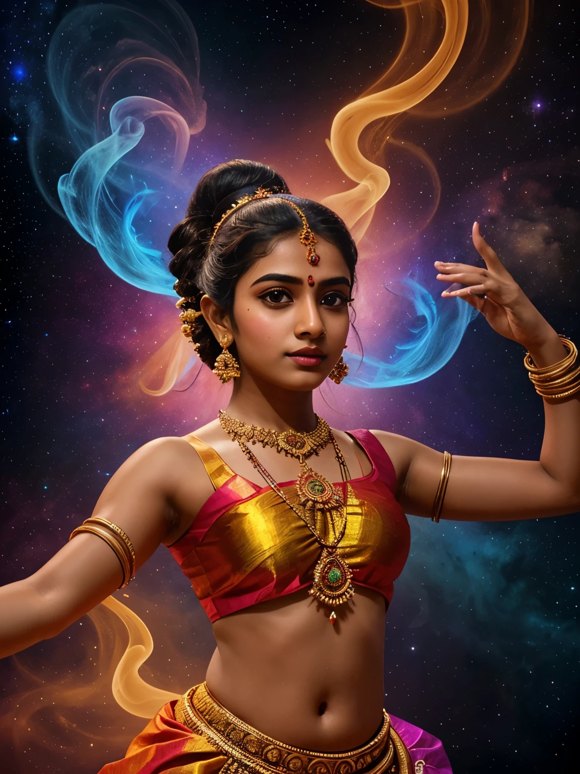 an outline sketch of 18 year old girl dancing Bharatanatyam, beautiful realistic face, eyes symmetry, face symmetry, cosmic rays smoke, covered with vibrant color smoke, in the deep space, intricate  details, cinematic effects, field of depth, celestial bodies, CGI, HDR, hyper realistic