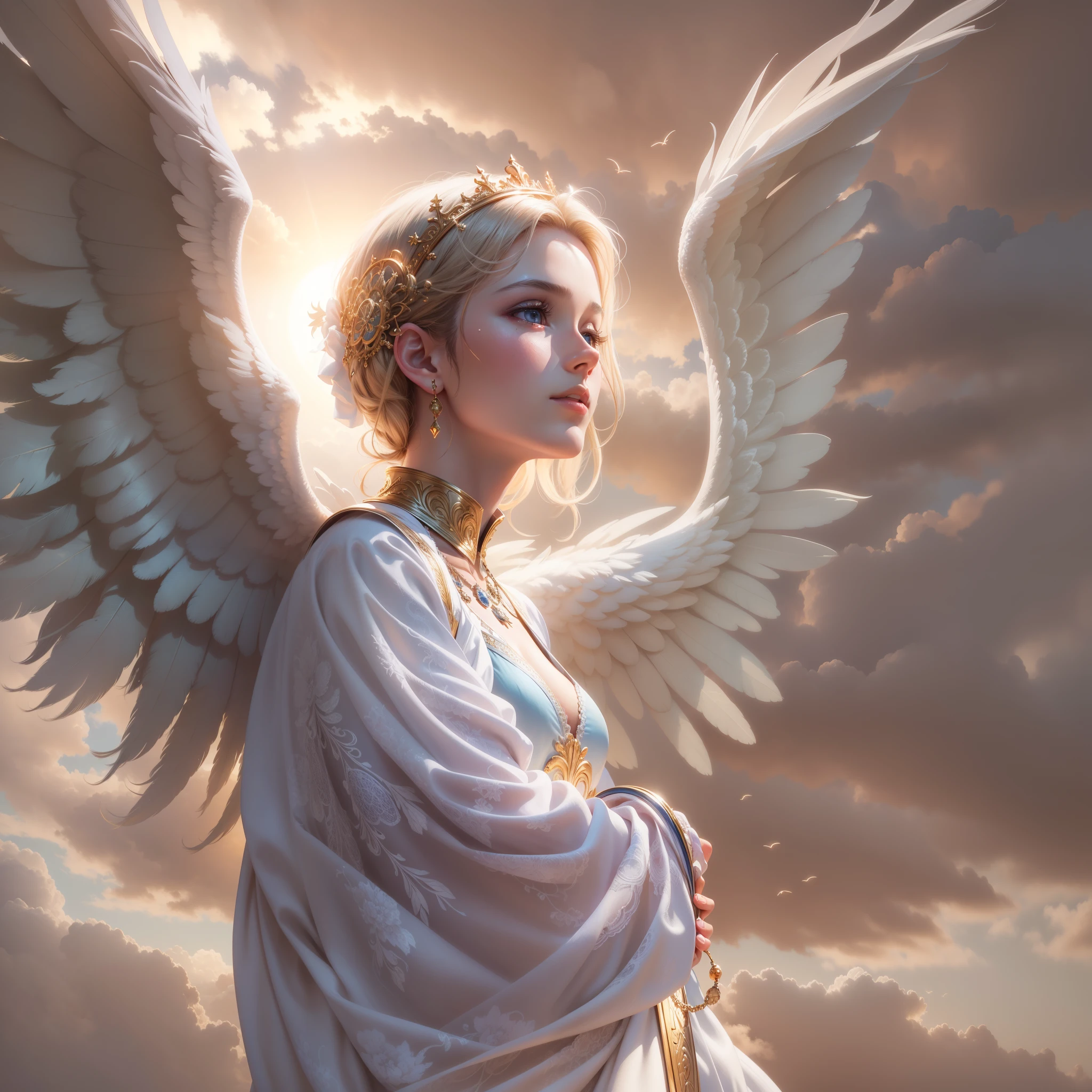 masterpiece, highest quality, 8K, real person, realistic, Very detailed CG, shiny skin, Fully focused, heaven, glory of god, shine, Angel, bless, happiness,