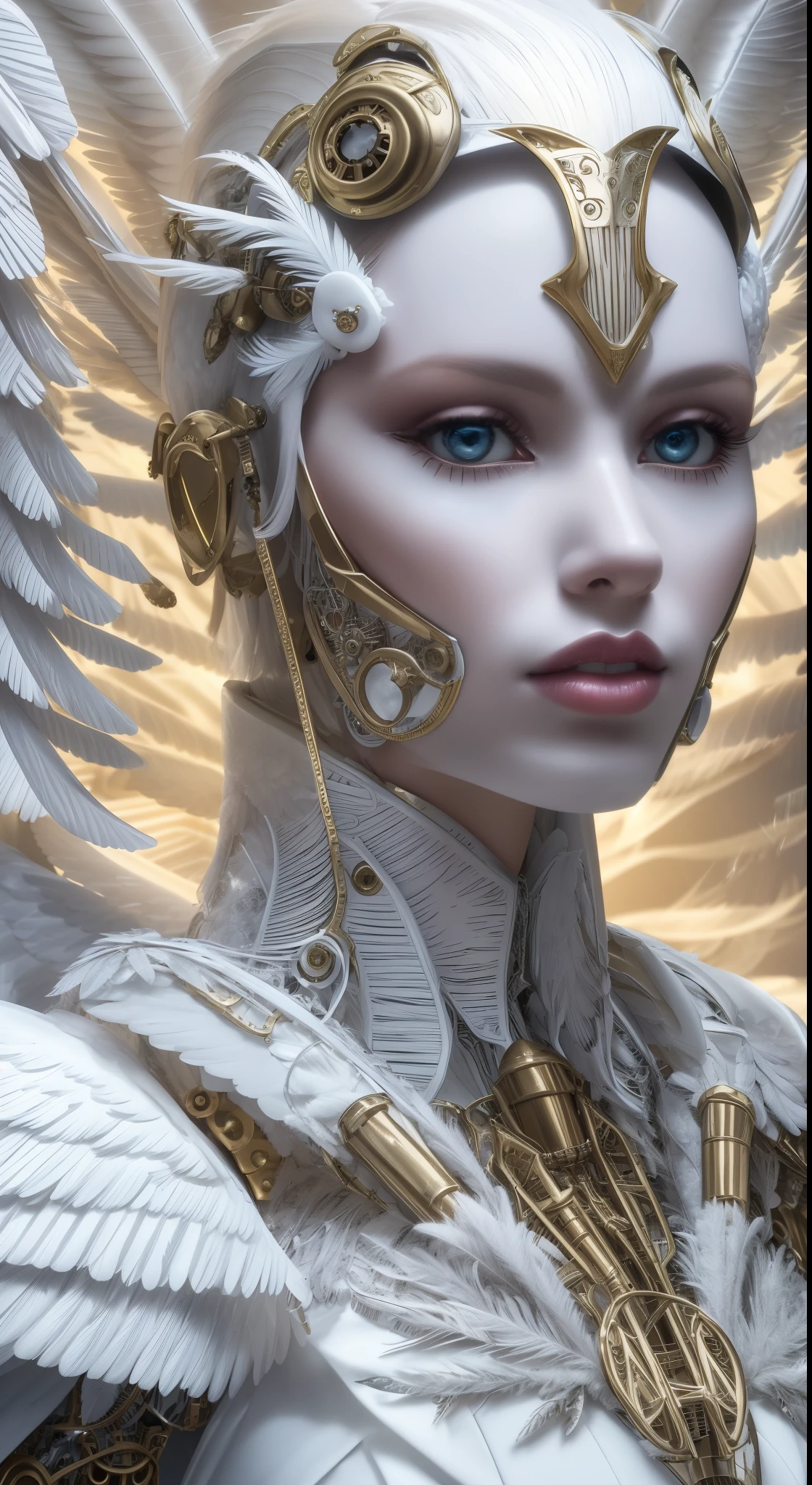 Close-up of a woman in a white dress with wings, full body angel, futuristic robot angel, amazing angel wings, angel knight gothic girl, angel in plastic armor, intricate costume designs, As a mysterious Valkyrie, Its whole body is made of white feathers,, futuristic and fantastic, white wings, beautiful angel wings, steampunk angel, beautiful cyborg angel girl, graceful wings