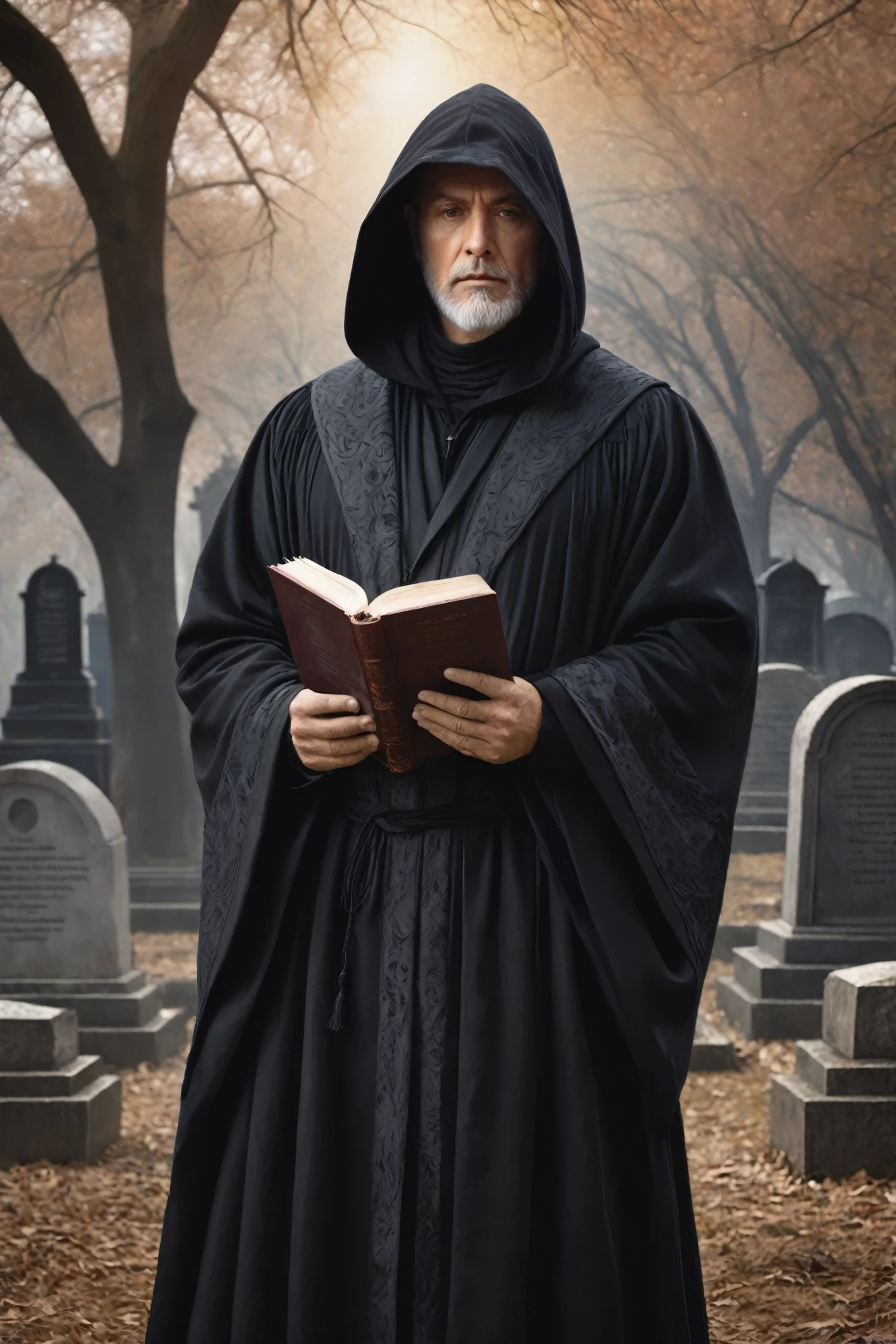 a 50-year-old man with a black hood and serious reddish-brown eyes, wearing a black Victorian robe, standing in a mysterious cemetery, surrounded by tombs and dry trees, holding a bible in his hands, radiating a serious and focused aura, the soft lunar light shining on his face, giving a serene and mysterious atmosphere, capturing the strong personality of a spiritual guardian, painted in a realistic style with high resolution and ultra-detailed brushstrokes, highlighting the exquisite details of his face, hair and clothes, creating a masterpiece of religious art.