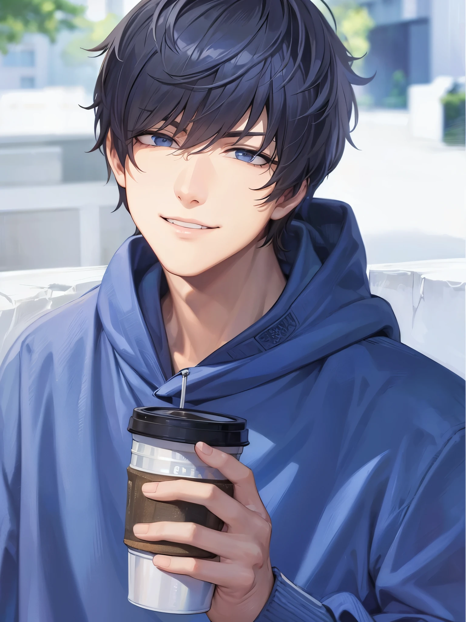a handsome guy、serious expression、please close your mouth、cool and cool、I have a tumbler、manly、Highly Detailed CG Unity 8K Wallpaper, (super masterpiece, beautiful person, well detailed face polluted smile, It's photorealistic, hyper realistic)cool and cool face