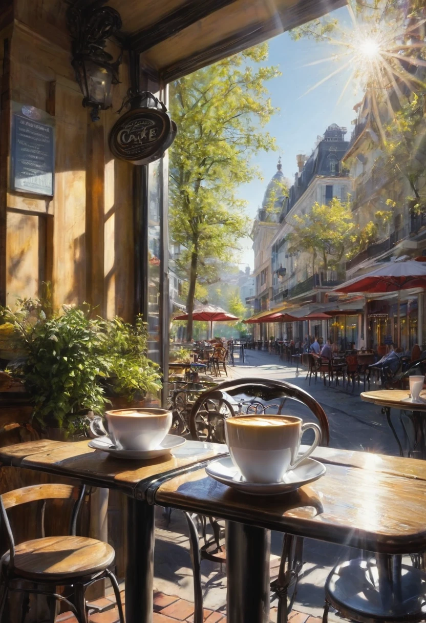 Spring Morning, cafe, sunlight, masterpiece, perfect composition, best quality, ultra-detailed, intricate details, Professional, official art, Representative work