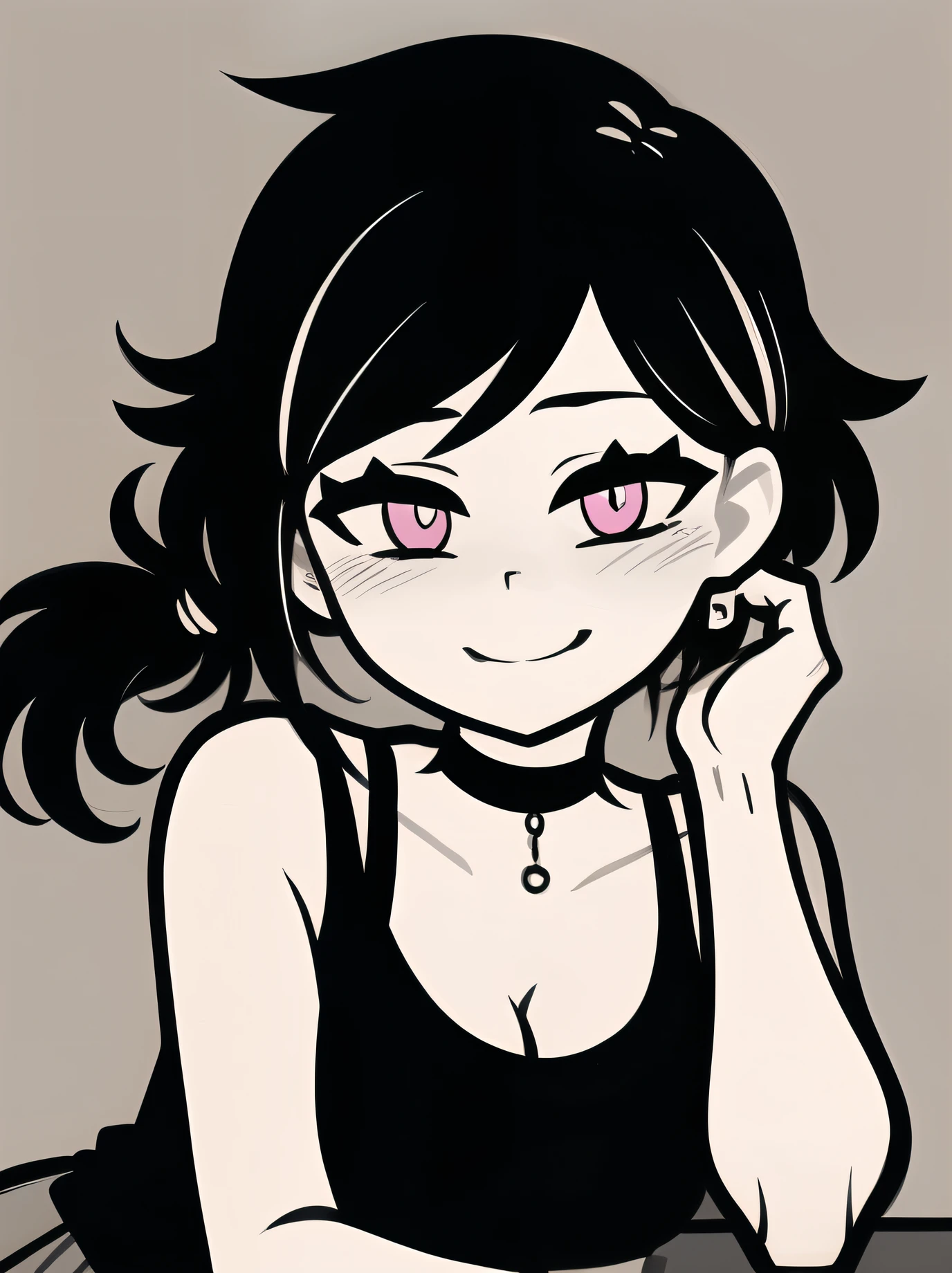 Highres, Masterpiece, Best quality at best,High-quality illustrations, Best Quality,hight quality, Ashleygraves, 1girl, solo, wide open eyes, pink eyes, low ponytail, white outline, Tank top, monochrome, choker, Skirt, smile, happy, blush, hand on own face, face closeup