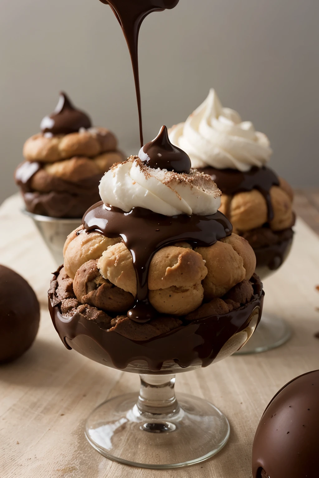 profiteroles in a glass in chocolate