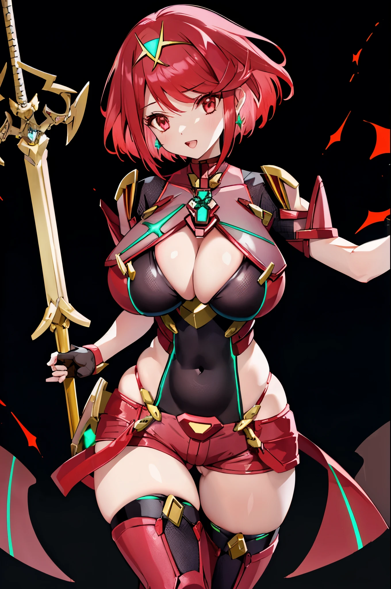 pyra \(xenoblade\), young__1girl, armor, bangs, black gloves, breasts, red eyes, closed mouth, earrings, eyelashes, fingerless gloves, floating hair, framed breasts, gem, gloves, hair ornament, headpiece, jewelry, big_breasts, leaning back, leotard, neon trim, official art, pose, red hair, red shorts, saitou masatsugu, short hair, short shorts, short sleeves, shorts, sidelocks, skin tight, solo, standing, swept bangs, thighhighs, tiara, night_prairie_background, turtleneck, underbust, vambraces, xenoblade chronicles \(series\), (xenoblade chronicles 2), apart_legs, fire_effect,dynamic_pose_fighting,light_smile, (plump:1.1), big_ass,huge_sword, hold_large_sword_hilt, solo, covered_nipples, covered_pussy,open_mouth,back_view,