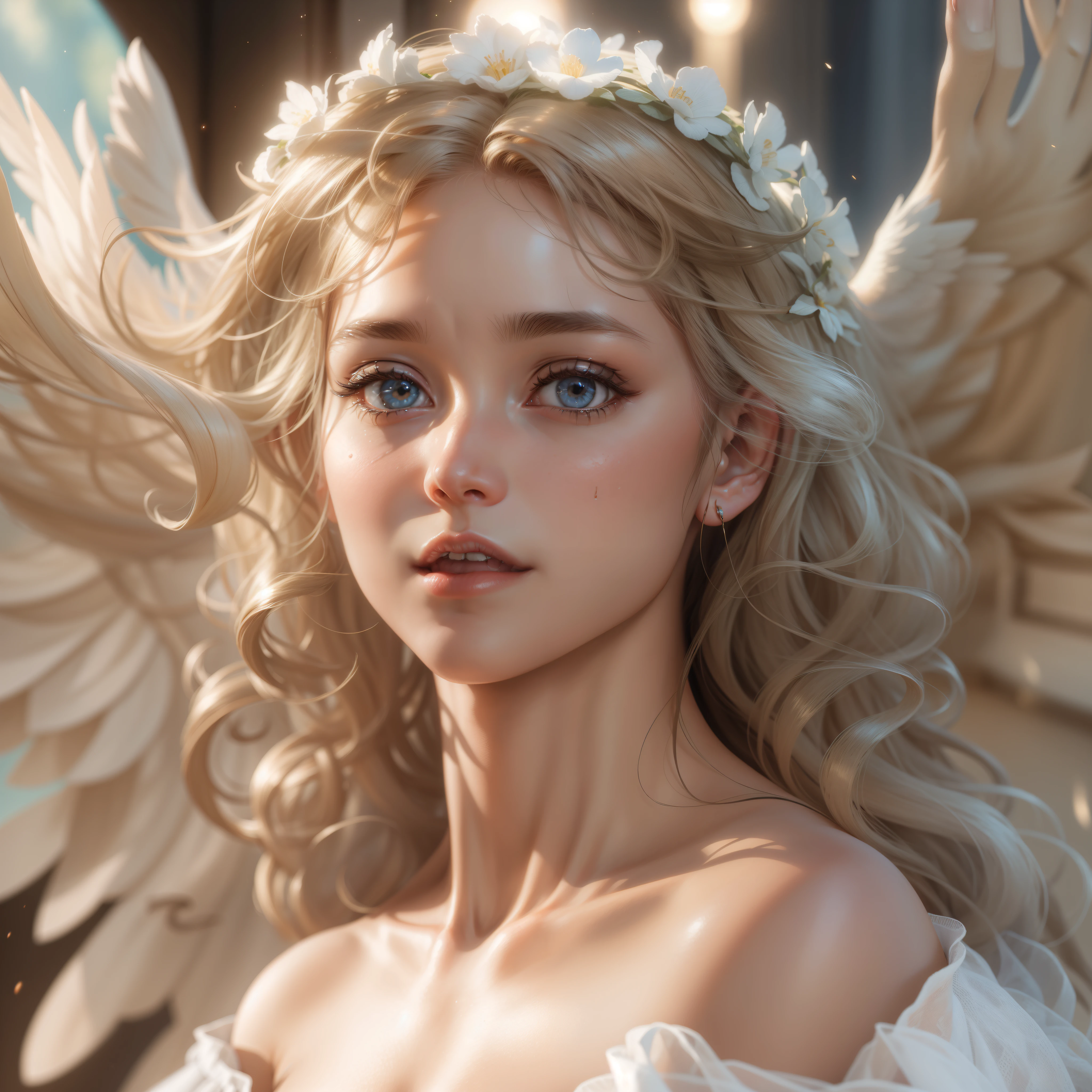 masterpiece, highest quality, 8K, real person, realistic, Very detailed CG, shiny skin, Fully focused, heaven, glory of god, shine, Angel, bless, happiness,