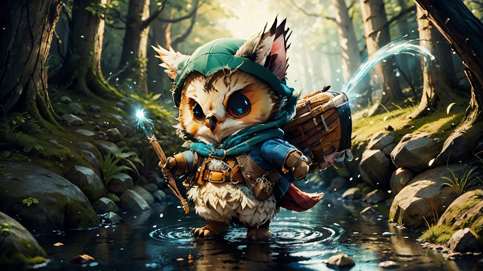 cute cartoon, 1 fantasy rogue owl, making a massive pencil-shaped water magic attack, wide-angle shot, overhead shot , far away, (away from camera), full body, forest