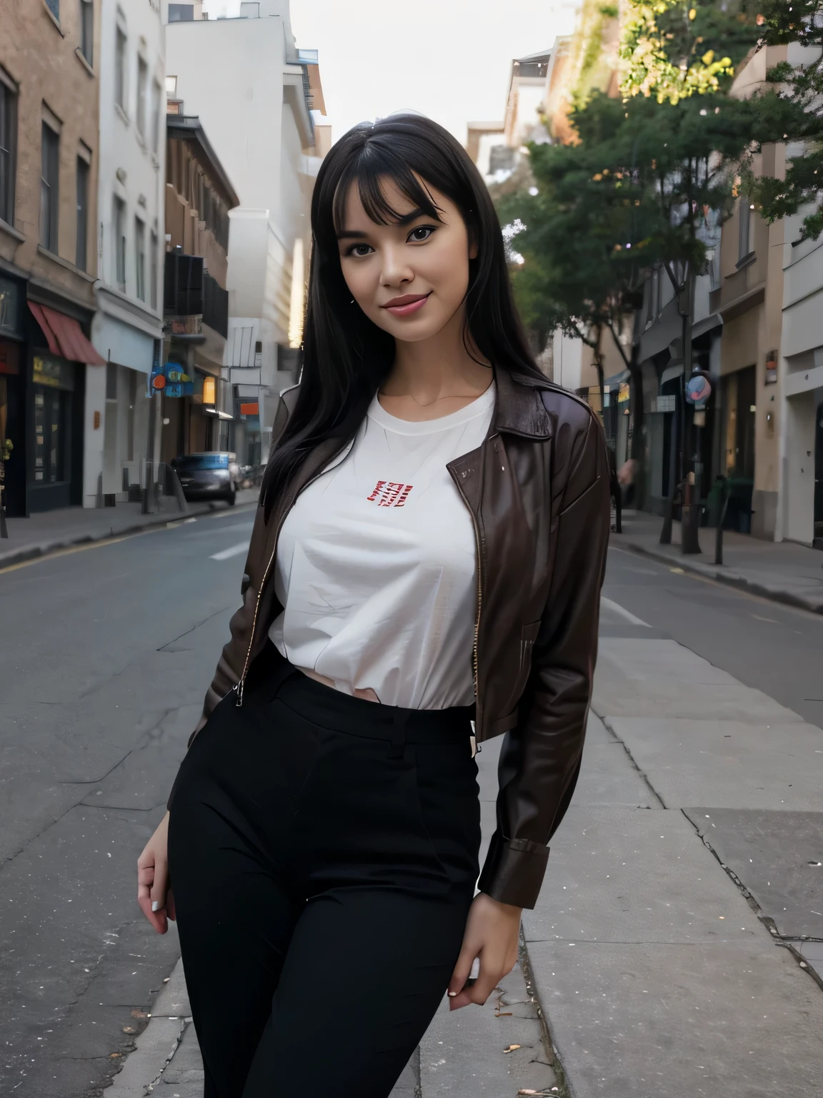 top-quality、​masterpiece、超A high resolution、(realisitic:1.4)、Beautuful bettie Page、Beautiful detail eyes、smile black hair , She is Wearing a shirt and long black pants posing for a photo, photo of girl model, IG-Modell, beautiful female model, on the street, shirt, red shirt, long pants, underwear, brown jacket