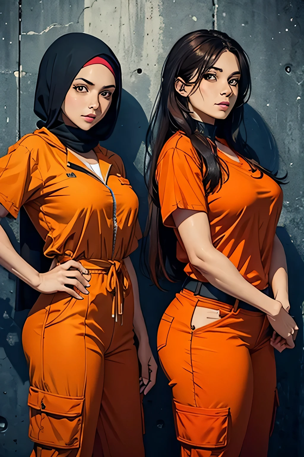 (Masterpiece, best quality, official art, extremely detailed) A upper-body close-up shot of two women: the woman on the left is Muslim, and the woman on the right is Latina. The Muslim woman on the left is wearing a full orange prison jumpsuit, has brown eyes, a slim, thick body, and is wearing a hijab. The Latina woman on the right is wearing a full orange prison jumpsuit, has brown eyes, a thick, slim body, and has dark brown hair that stops at her shoulders. Both of the women are in a prison cell together, standing side-by-side.