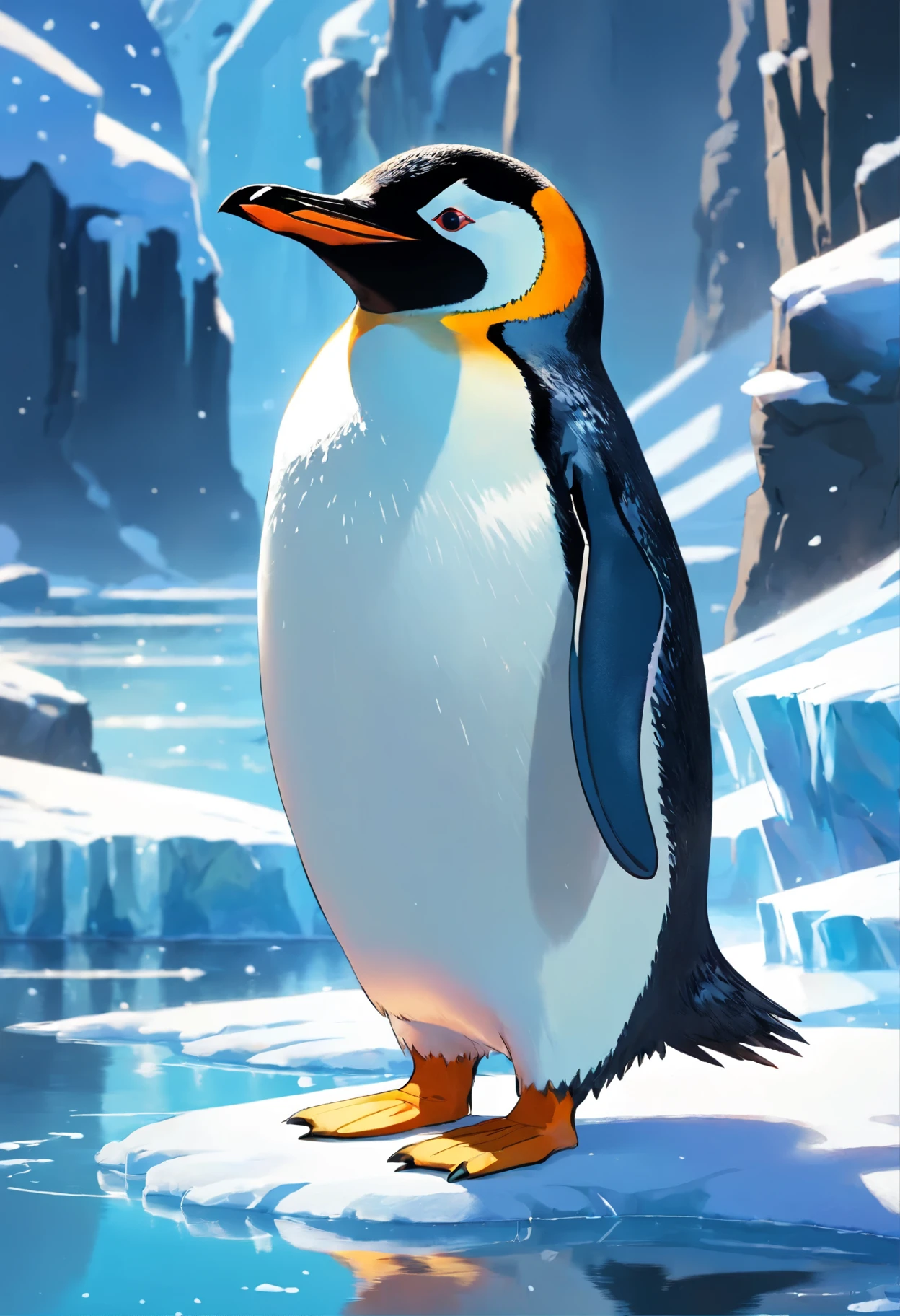 best quality,highres,masterpiece:1.2,ultra-detailed,realistic,portrait,penguin,black and white,shimmering ice,stunning reflection,sparkling snow,playful,curious,fluffy feathers,gentle in nature,icy landscape,detailed eyes,bright orange beak,adorable,standing on a frozen lake,catching fish in its beak,graceful movements,standing upright,soft and furry,blurred background,enchanting scenery,cold and serene ambiance,luminous sunlight,crisp air,subtle shadowing,icy water splashes,life-like image,endearing creature,striking contrast between the penguin and the surroundings,vivid colors,artistic composition