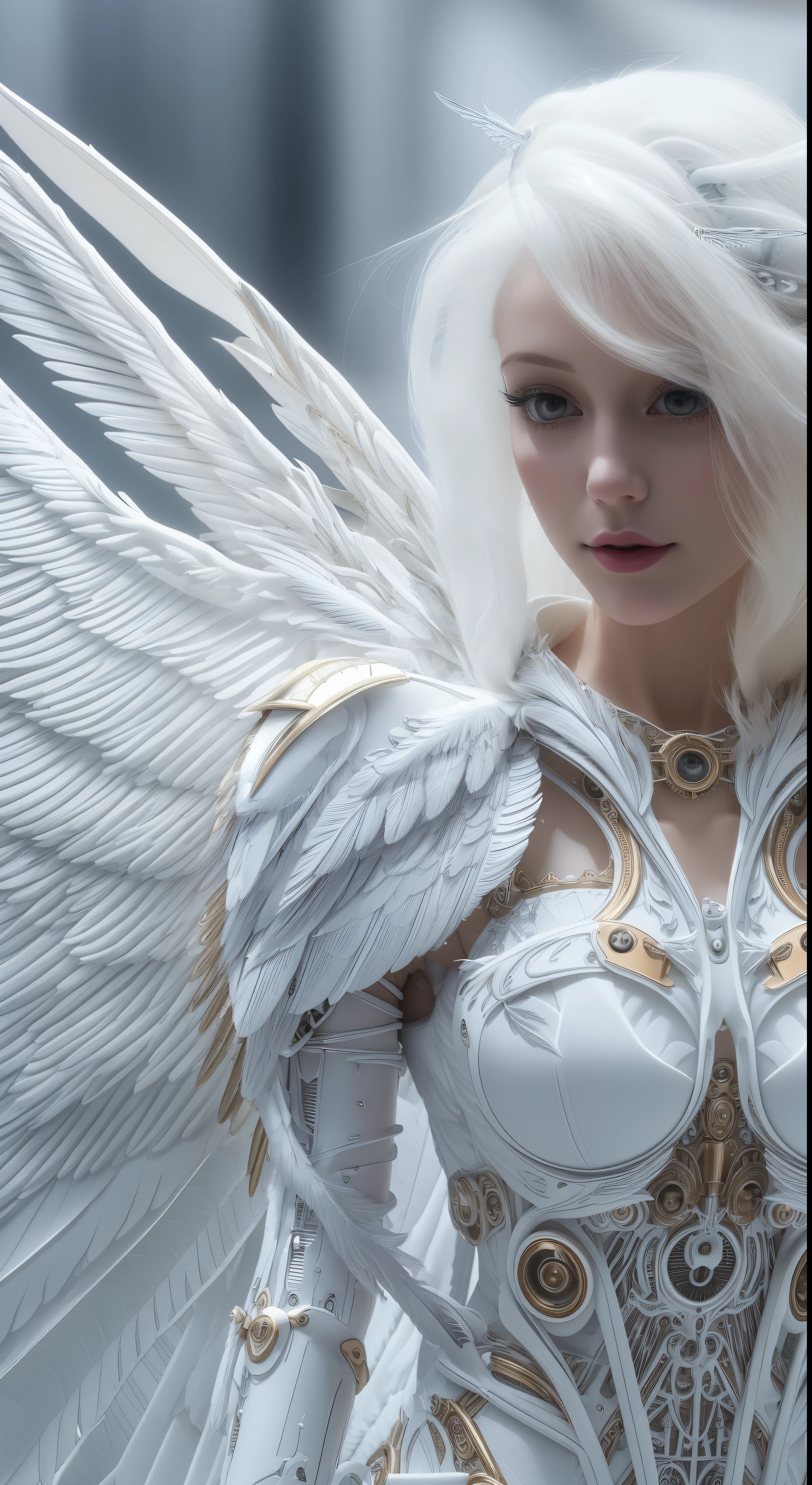 Close-up of a woman in a white dress with wings, full body angel, futuristic robot angel, amazing angel wings, angel knight gothic girl, angel in plastic armor, intricate costume designs, As a mysterious Valkyrie, Its whole body is made of white feathers,, futuristic and fantastic, white wings, beautiful angel wings, steampunk angel, beautiful cyborg angel girl, graceful wings