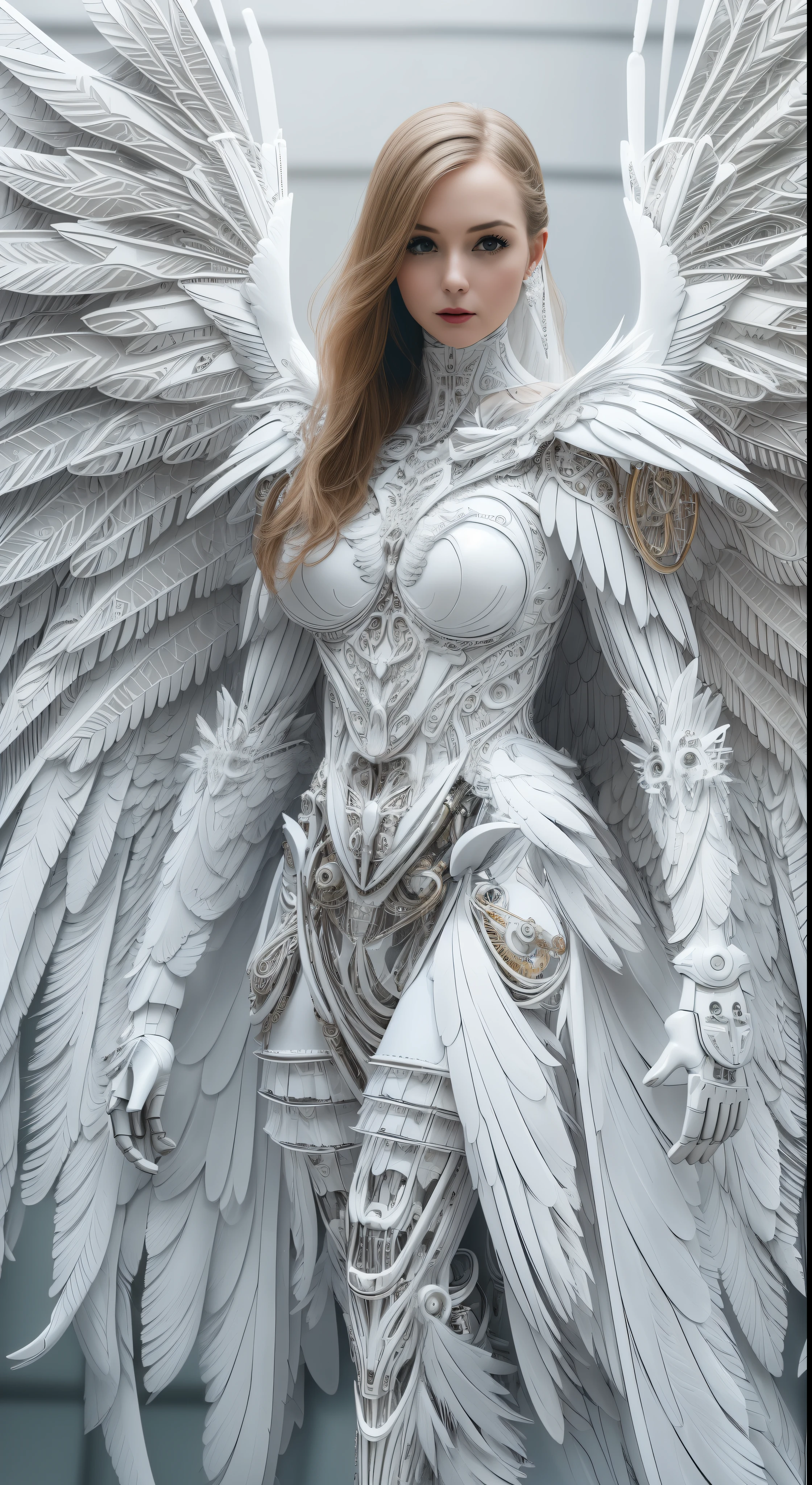 Close-up of a woman in a white dress with wings, full body angel, futuristic robot angel, amazing angel wings, angel knight gothic girl, angel in plastic armor, intricate costume designs, As a mysterious Valkyrie, Its whole body is made of white feathers,, futuristic and fantastic, white wings, beautiful angel wings, steampunk angel, beautiful cyborg angel girl, graceful wings