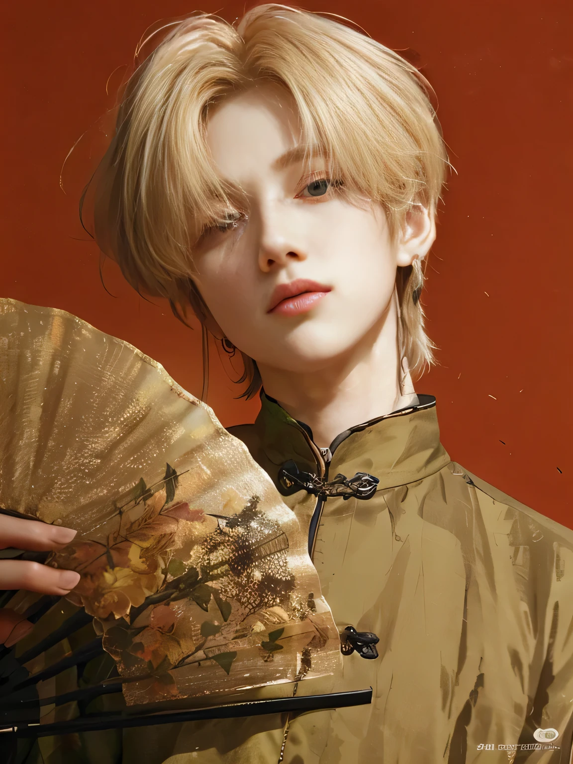 blond man holding a fan and a fan in his hand, cai xukun, artwork in the style of Guweiz, handsome androgynous prince, delicate androgynous prince, handsome guy in demon slayer art, Guweiz, inspirado em Bian Shoumin, inspirado em Yanjun Cheng, Yanjun Chengt, por Yang J, por Ye Xin
