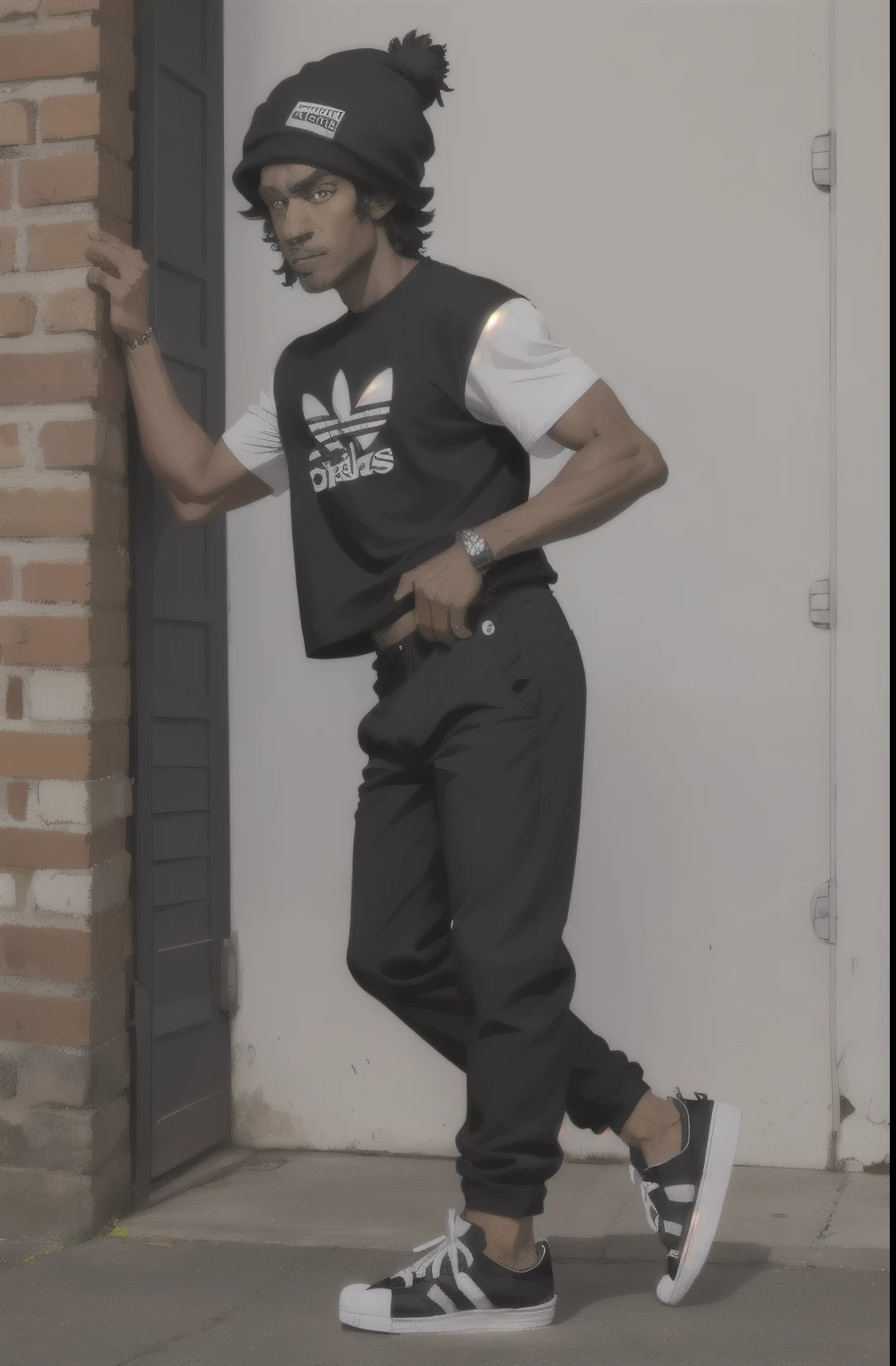 Garoto de casaco preto e gorro preto, cabelo liso preto, camisola dos rolling stones preta, black baggy pants, e sapatos adidas superstar