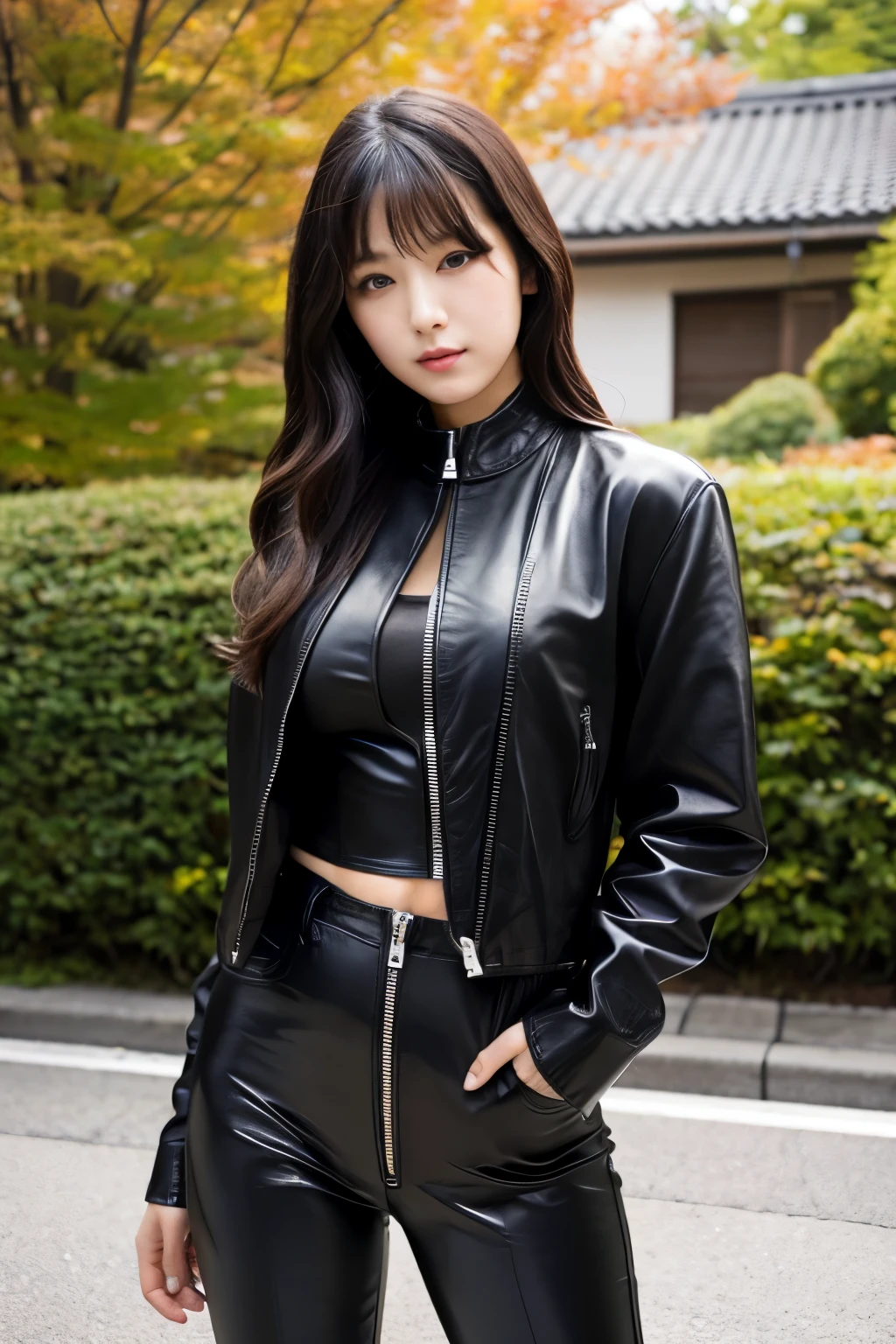 Japanese 20age woman, full body, no nude very huge breasts, hair color is black, long wave hair, wearing black leather jacket bulge in her chest, {{{closing leather jacket zip,}}} black leather flared pants, full leather