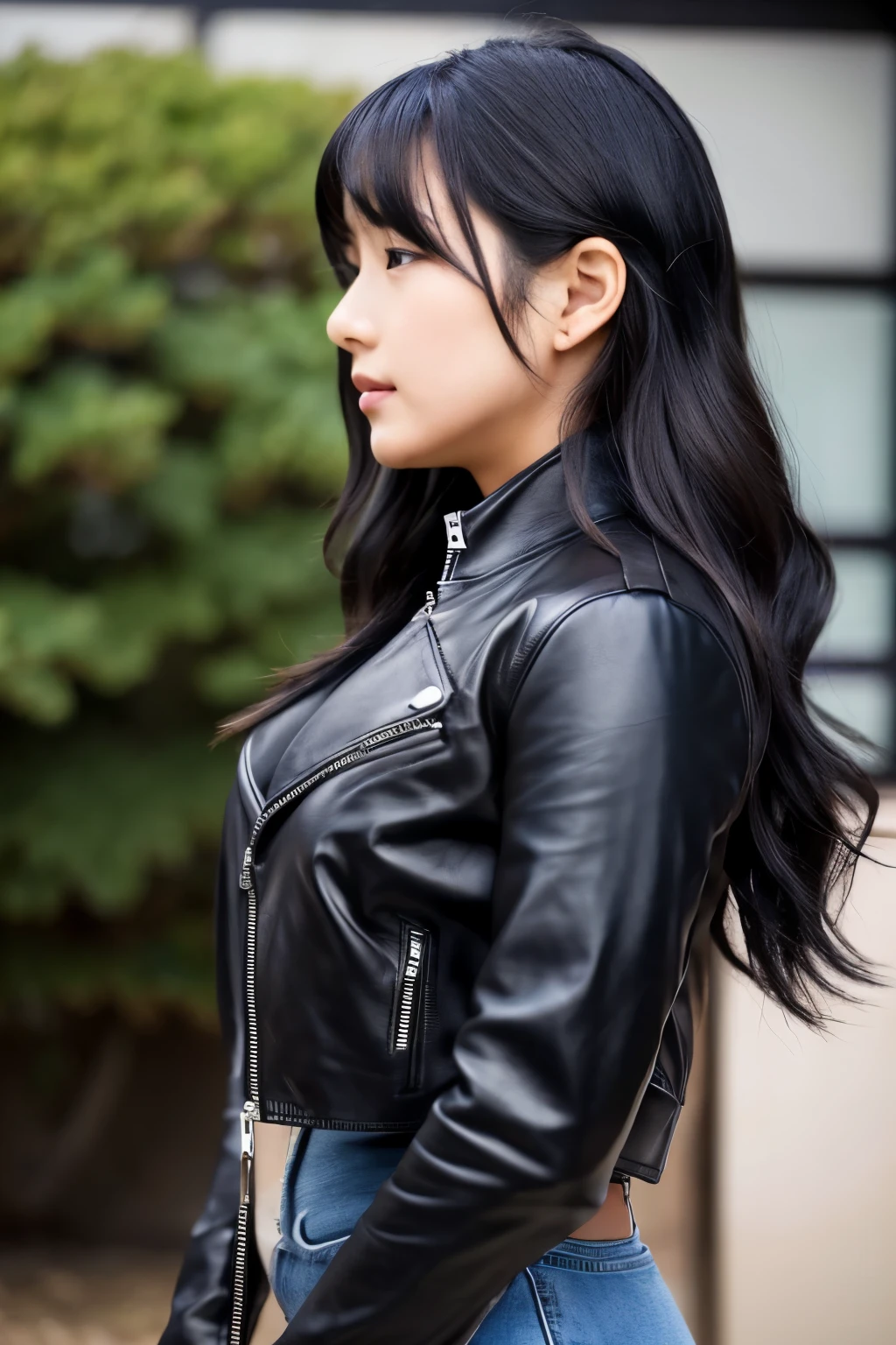 Japanese 20age woman, full body, no nude very huge breasts, side view, hair color is black, long wave hair, wearing black leather jacket bulge in her chest, {{{closing leather jacket zip,}}} black leather flared pants, full leather