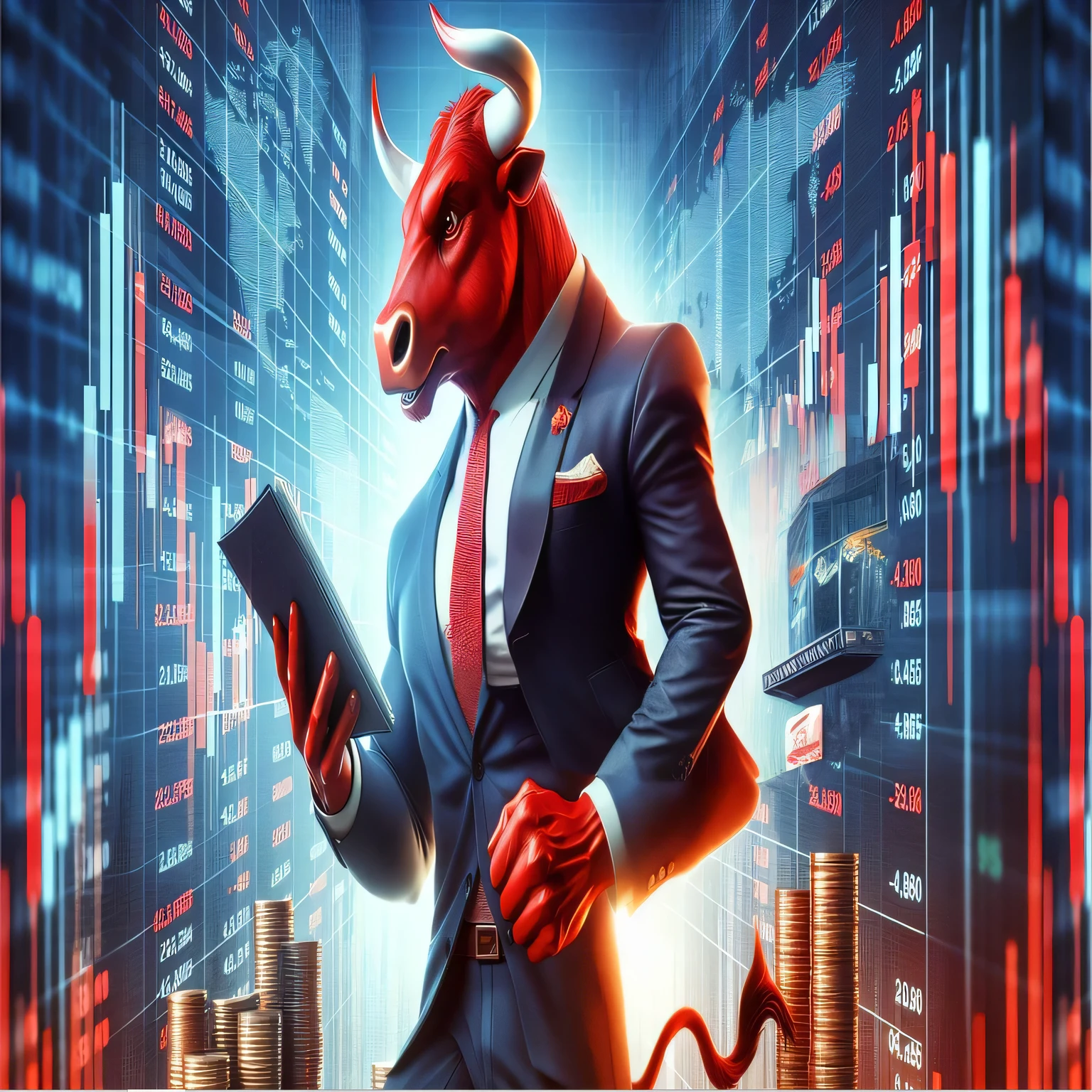 there is a touro in a suit holding a tablet computer, hyper touroish, human dressed as a touro, touro, moon touro samurai, trends in the markets, Minotauro, by Luís Miranda, por Adam Marczyński, chifres vermelhos, um boi, negotiation, half man half asian black touro, comerciantes, by Inacio Zuloaga, steel touro run, Stepping on Bad Bear's belly, with several playing cards flying everywhere, with a casino in the background