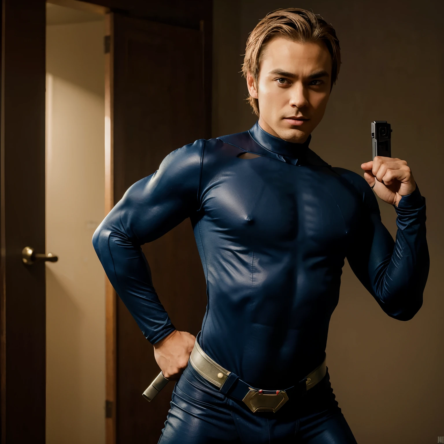 A human like superhero based on a Siamese cat. He is slim and fit. He uses a whip and a pistol. Draw him in pose where you can see his body