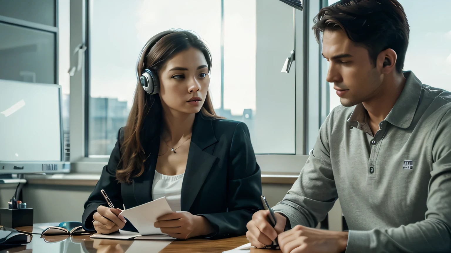 a ((Masterpiece)) Ultra realistic  man and woman in a desktop with notebooks and headphones working,in the background a window in a office,ultra details,realism,8k,hd,secretary