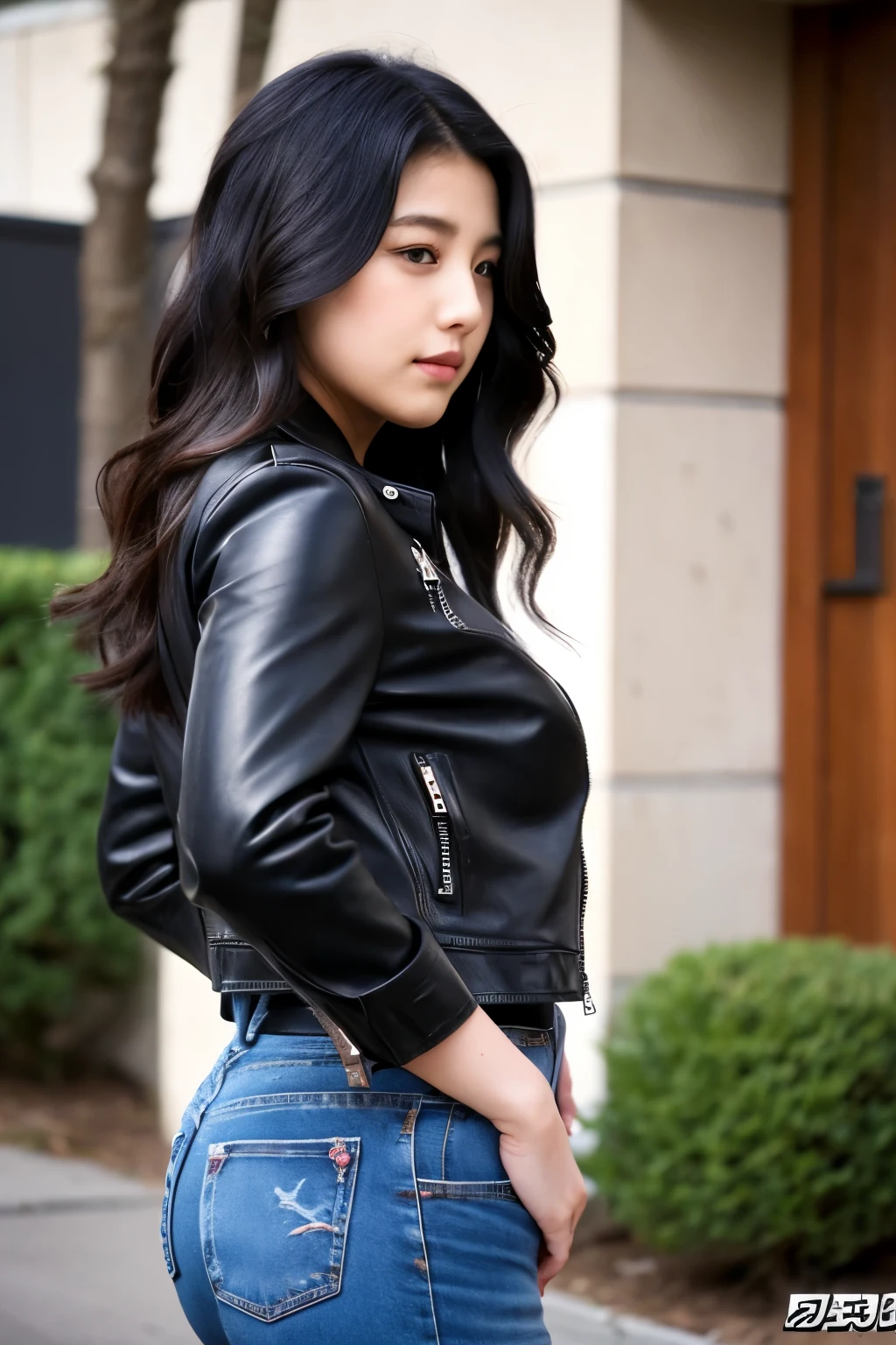 Japanese 20age woman, full body, no nude very huge breasts, side view, hair color is black, long wave hair, wearing black leather jacket bulge in her chest, {{{closing leather jacket zip,}}} black leather flared pants, full leather