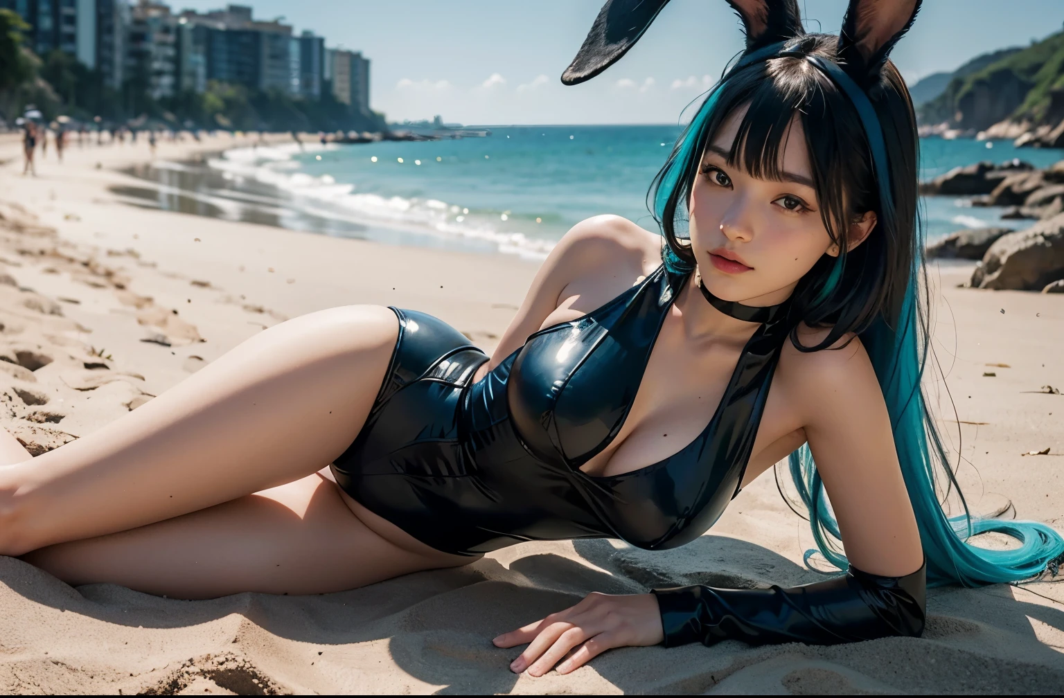 Best quality, masterpiece, ultra high res, raw photorealistic photo , shot with iphone, beautiful and aesthetic,deep shadow, dark theme,(photorealistic:1.4), real life human, full body , laying in sand at beach , 
dragon ball, blmlong, aqua hair, blunt bangs, long hair, playboy bunny, rabbit ears, black pantyhose, red bowtie, wrist cuffs, black leotard, large breasts, medium breasts, 
Graceful poise, evocative atmosphere, magnetic presence, refined seduction, captivating mystique, 
Intricate zentangle patterns, a single female figure, astonishing level of detail, generously endowed, portrait composition, striking perspective, a chaotic masterpiece, gracefully poised, inspired by brutalist architecture, vibrant color palette, undertones,