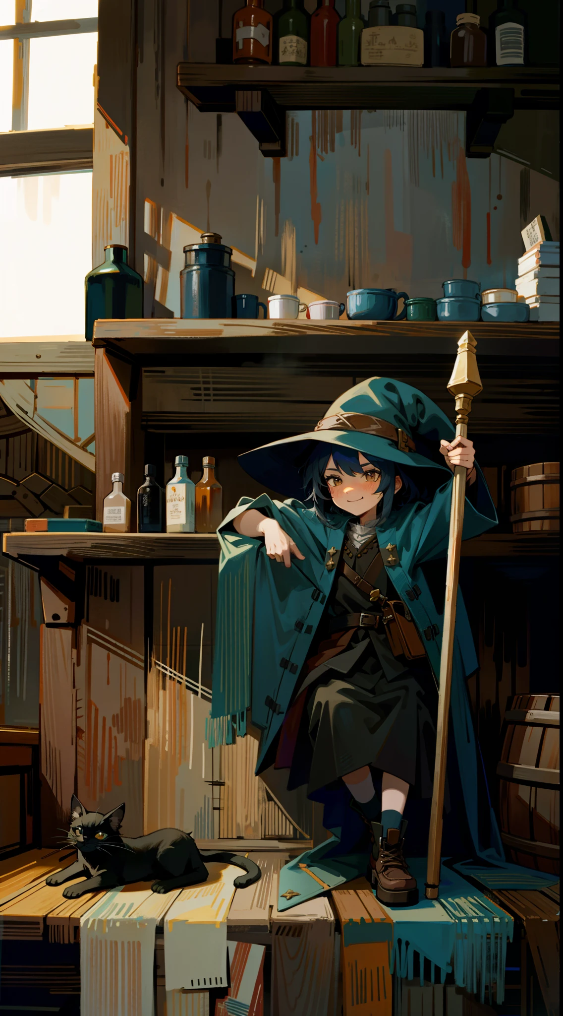 A Wizard boy, hat, Baggy clothes, swag clothes, standing, Staff leaning against the wall, leaning against an old wooden wall, medieval tavern, Smiling, a Black kitten laying on the ground, fantasy world, dark background, clean design, epic, artstation, colorful paint splatter, silhouette, hyper detailed intricate details, unreal engine, fantasy, splash screen, complementary colors, deviantart masterpiece, oil painting, heavy strokes, paint dripping, indifferent expression