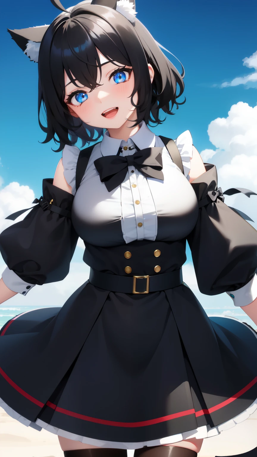 looking at the viewer, 1 girl, smile, Open mouth、Virtual YouTuber、with a girl、((highest quality, expensive_solve, clear_image)),(black hair), (black cat ears), (Ahoge), (ridiculously short hair), (wavy hair), (blue eyes),、Sorry face、very big breasts、upright