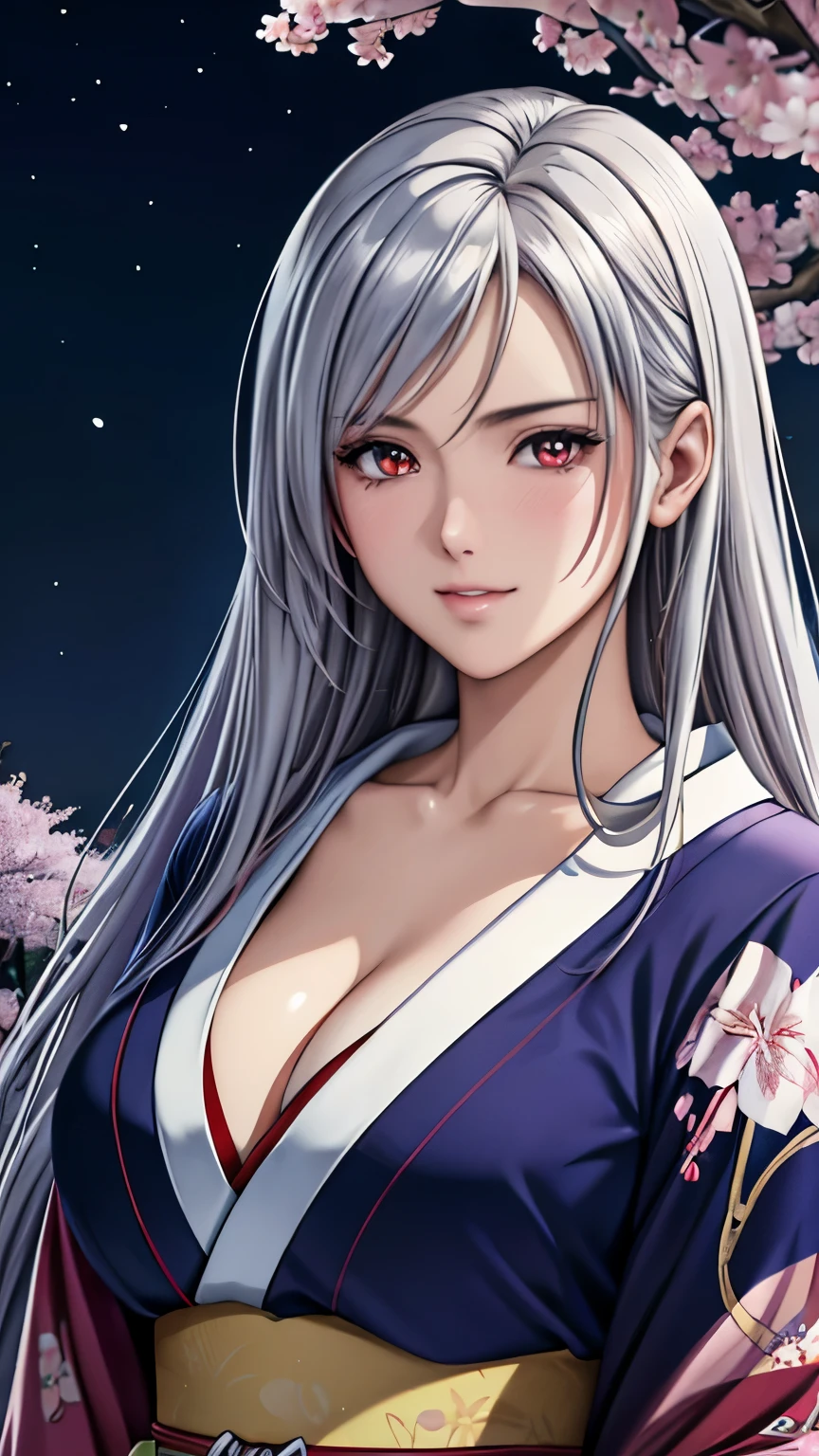 red eyes, (highest quality, masterpiece painting:1.3), immature woman, , (half body shot), masterpiece, ultra high resolution, (Photoreal:1.0), silver hair,straight hair, beautiful shining hair, white and shining skin, ((Ultra realistic details)), octane rendering, highly detailed face, (big breasts:0.8), (make a heart with hands), Wearing a beautiful Japanese kimono, Kimono has colors and patterns, Hair flutters under the influence of the wind, Japanese garden with beautiful cherry blossoms at night, Mysterious night sky, Beautiful Landscapes, sharp focus, intricate details, professional artwork, (bright colors:1.1), bright colors, diffused lighting, digital blending, ultra-definition body, ultra detail hair, super detailed face, that&#39;It&#39;s trending on pixiv, top button open, Cute gaze, compensate, perfect lips, perfect compensate, Ultra-precision coating,  (light_smile:0.8), (Very embarrassed:1.2), blush your nose,