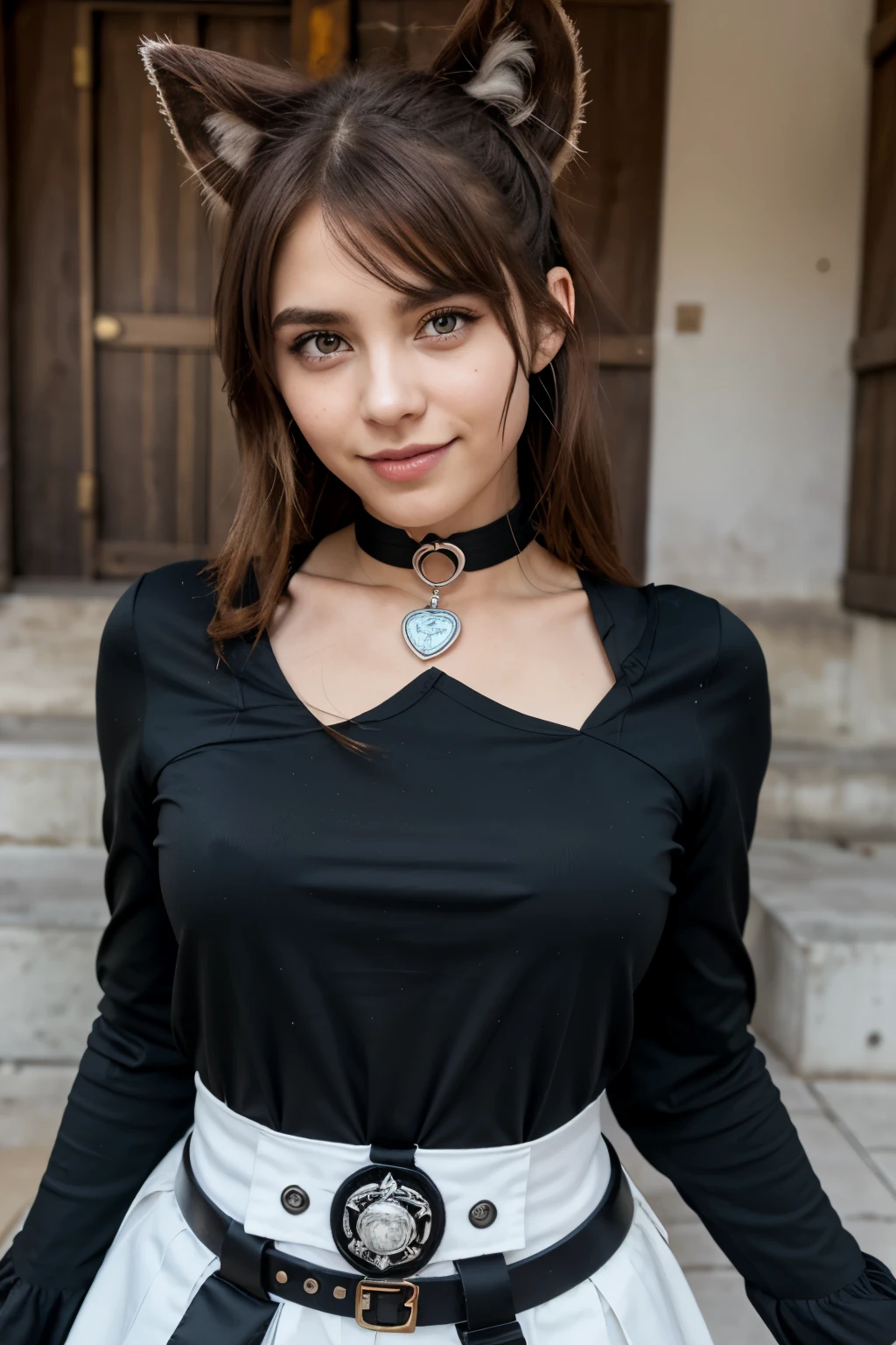 estilo imetsu no yaiba, Personaje original, uniforme de cazador de demonios, 1 chica, Enfoque de , ruborizarse, pendientes, dientes, joyas, falda, Minero , longue pelo cafe oscuro, belt, uniforme de cazador de demonios, haori, Yeux blanc, pupille cardiaque, mangas largas, Dibujo de anime para colorear, ((obra maestra)), , cara sonriente, de pie, temple behind, pelo rojo, pelo negro