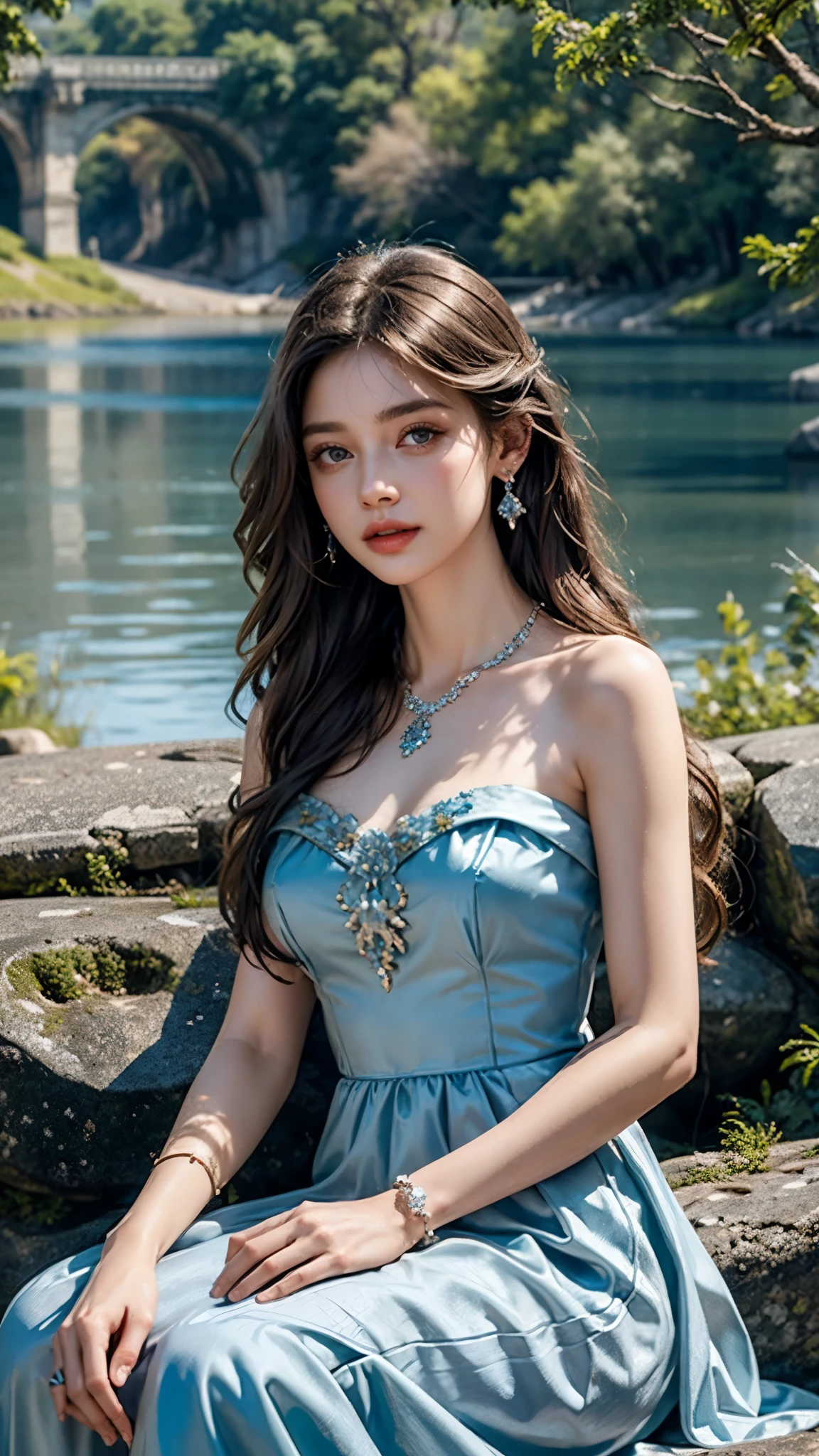 8K, ultra hd, masterpiece, very realistic, 1 girl, good face, very long hair, detailed eyes, detailed lips, medium breasts, satin Blue very beautiful princes frock, blue frock, diamonds, jewellery, necklace, earring, lake, landscape, sitting, Bridge, Forest 