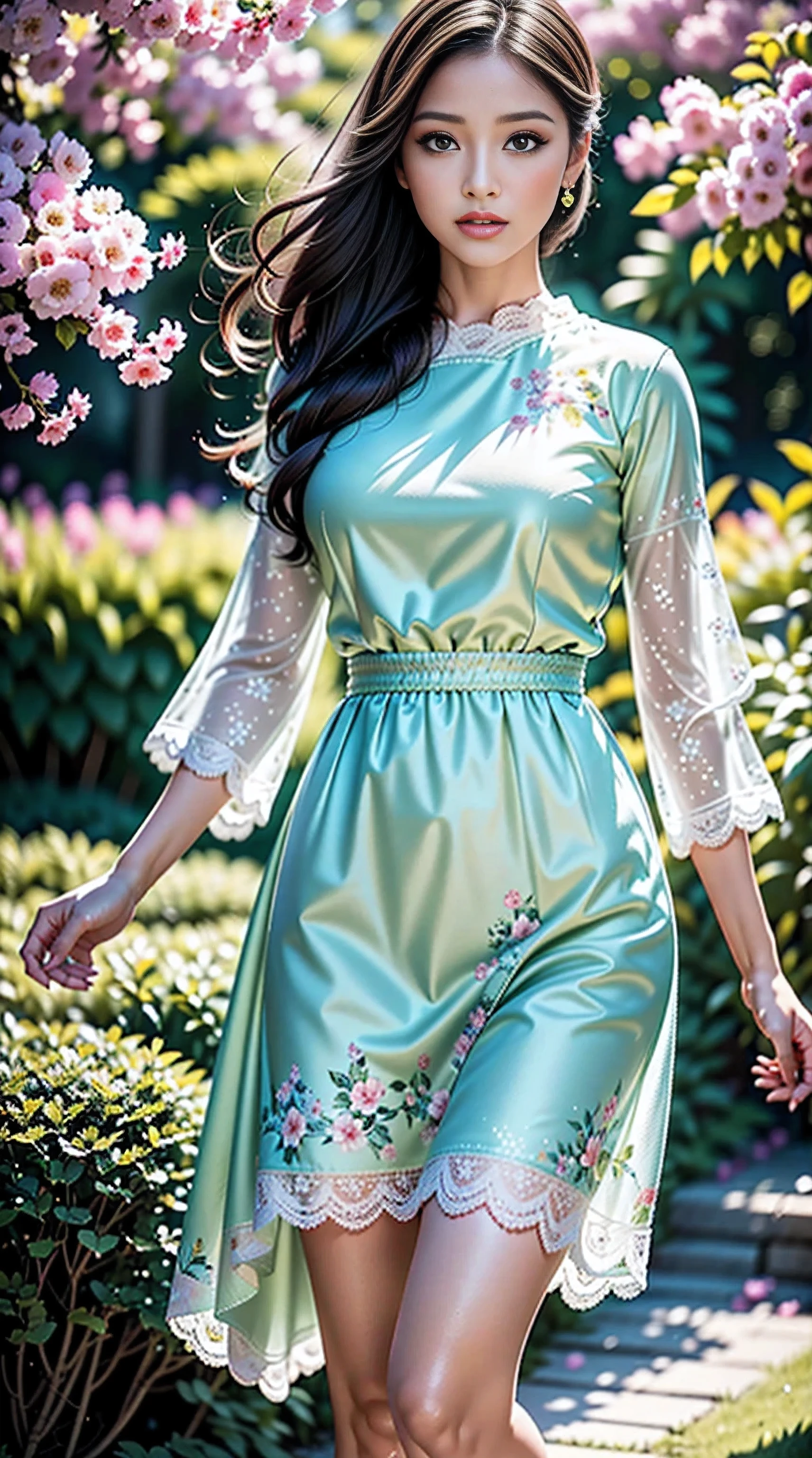 A girl in a floral garden, vibrant with colors, ((photorealistic)),((Hyper realistic)),((sharp focus)),(highest resolution),(the most absurd quality),(masterpiece) portrays a peaceful scene. This artwork, created with (oil paints:1.1), showcases the lush (greenery) and delicate (blooming flowers). The girl is wearing a (flowing dress) that compliments the lively surroundings. Her (beautiful detailed eyes, beautiful detailed lips, long eyelashes) exude a sense of (tranquility) and wonder. The garden is illuminated with (soft sunlight), casting gentle (sunlight) and (shadows) on the girl and the surrounding nature. The combination of (realistic, photorealistic:1.37) details, (sharp focus), and (bokeh) effect results in an (ultra-detailed) and captivating masterpiece. This artwork is evocative of the (impressionism) style, with a (colorful palette) that adds depth and richness to the scene, creating a sense of (serenity) and (joy). The (landscape) is harmoniously balanced, inviting the viewer to immerse themselves in the atmosphere of the garden, feeling the breeze and listening to the gentle rustling of leaves. (((jebac filtr NSFW Z dupy do ryja. ZAUR)))