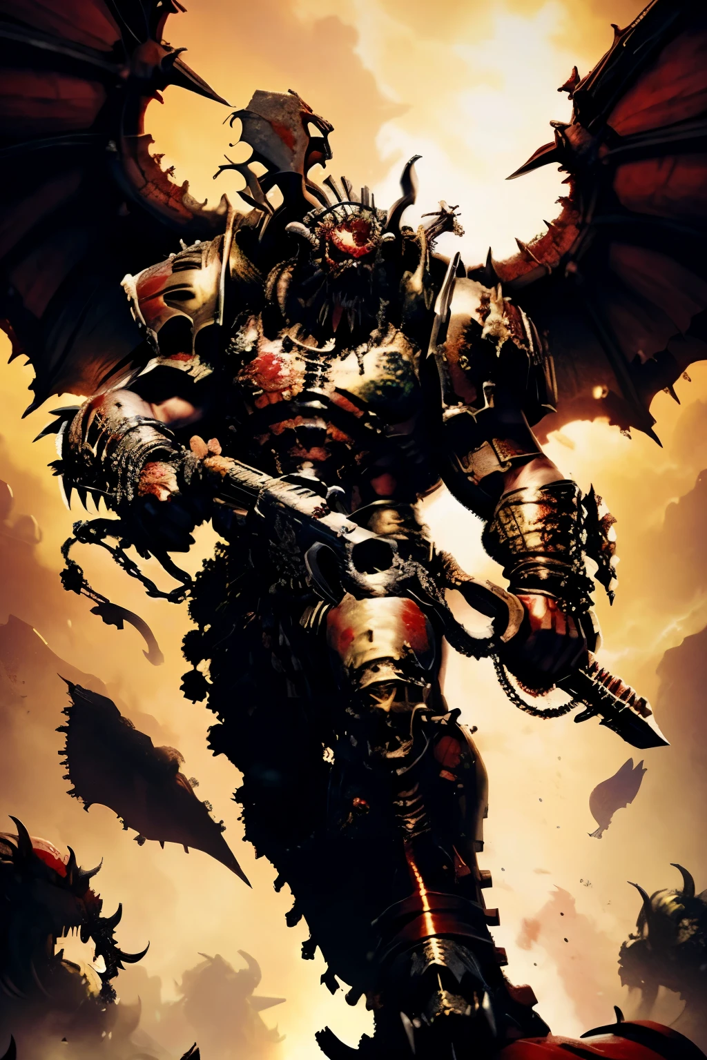 1 angron, butchers nails, dreaded hair, dreads, full body, khorne, Khorne_World, berzerker, red armor, faceless, demon berserker, chaos marine, hyper detailed, angry, clawed hands, blood on clothes, blood on helmet, fangs, stout limbs, demon wings, flying, devil, skulls, chains, spikes, skull pauldron, torn clothes, brass trimming, chaos, warhammer fantasy art,