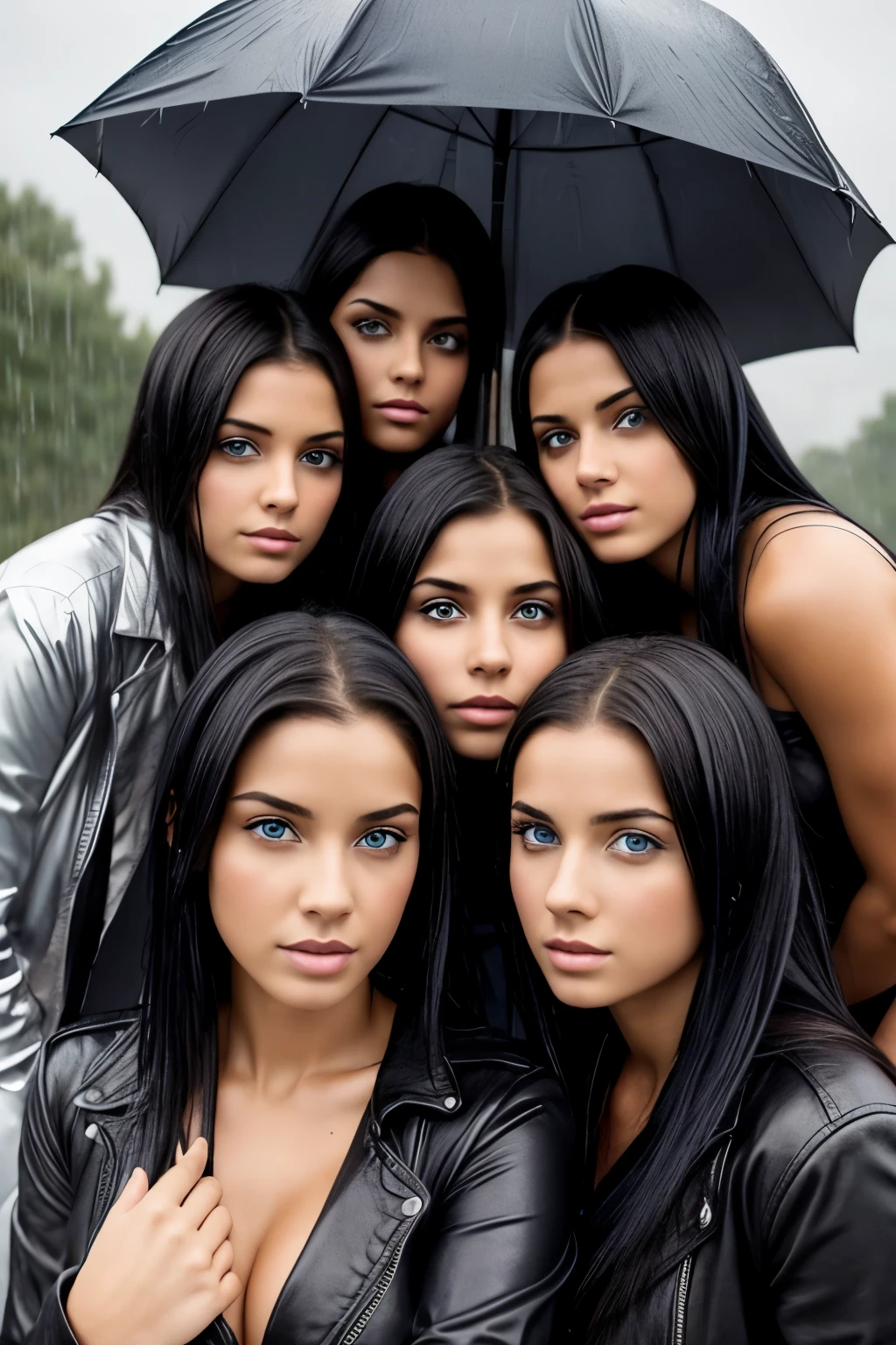group of five girls, blue eyes, black hair, beautiful body, looking good, in the rain.