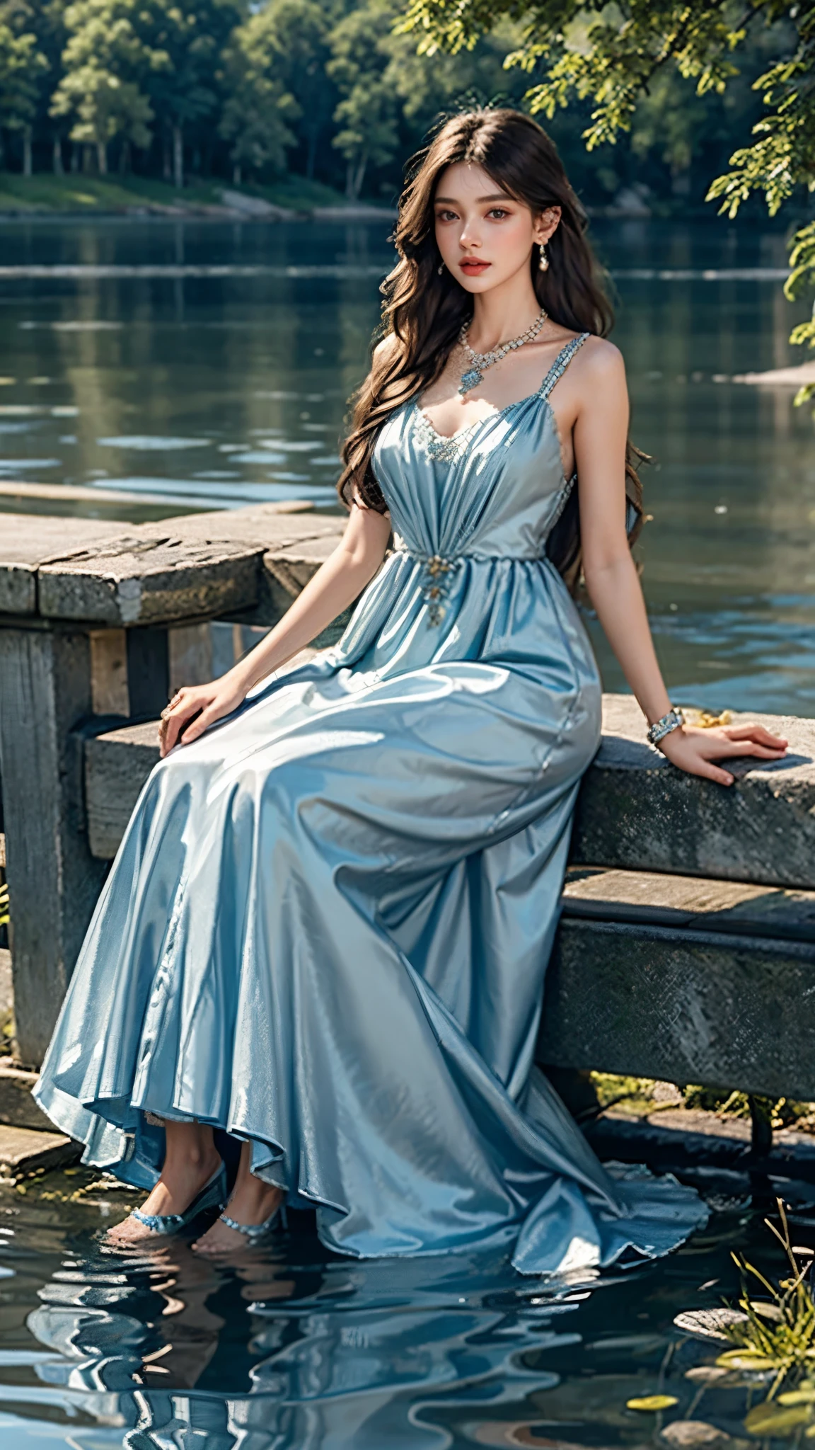 8K, ultra hd, masterpiece, very realistic, 1 girl, good face, very long hair, detailed eyes, detailed lips, medium breasts, satin Blue very beautiful princes frock, blue frock, diamonds, jewellery, necklace, earring, lake, landscape, sitting, Bridge, Forest , standing in lake water