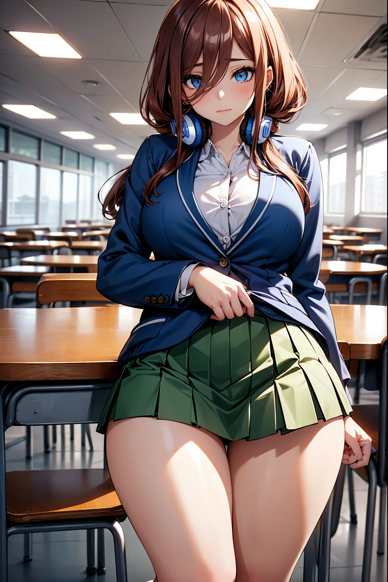 colored hair high school girl、Green skirt、light blue cardigan、(Blue headphones)、Semi-long hair、Black sheer pantyhose、sheer stockings、vagina、、(no panties)、(Wet)、red blush、Solo、(See-through)、Inside the classroom、(pussy juice)、Sheer blouse、no bra