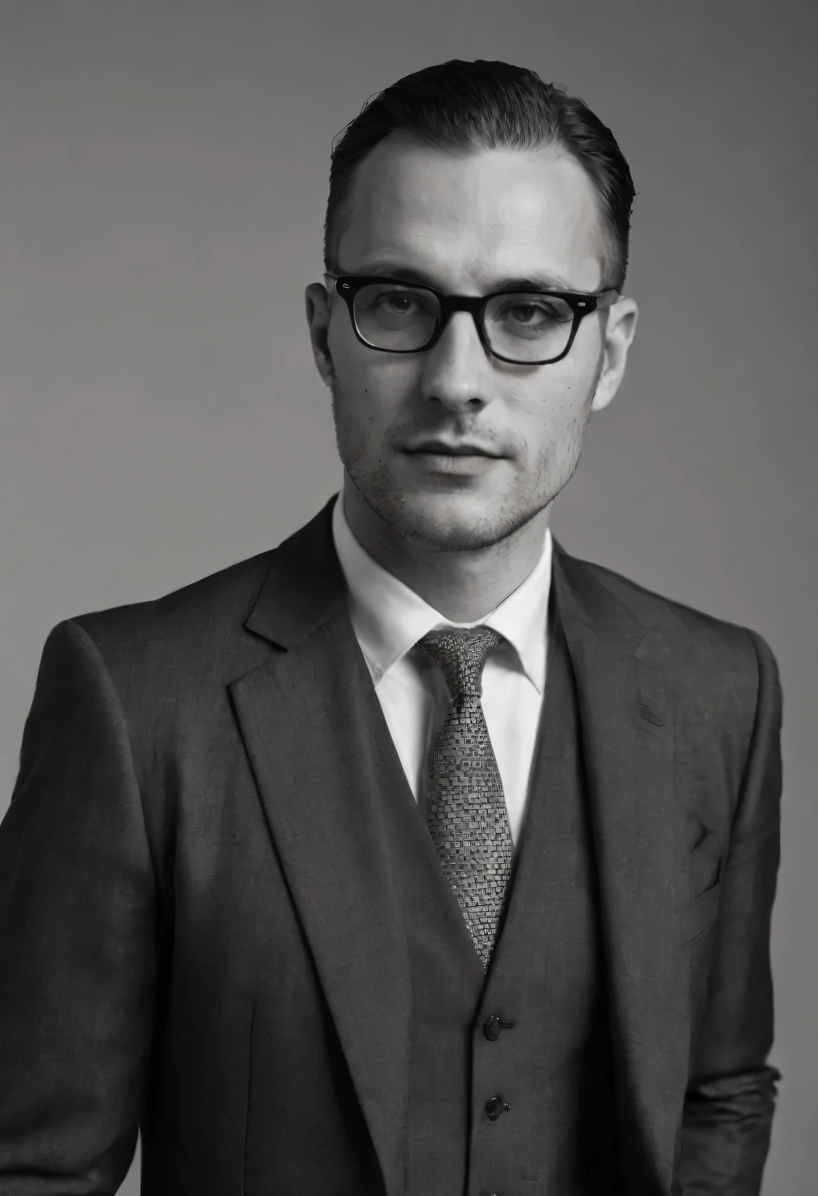 man standing wearing a suit looking forward, hair down, glasses,