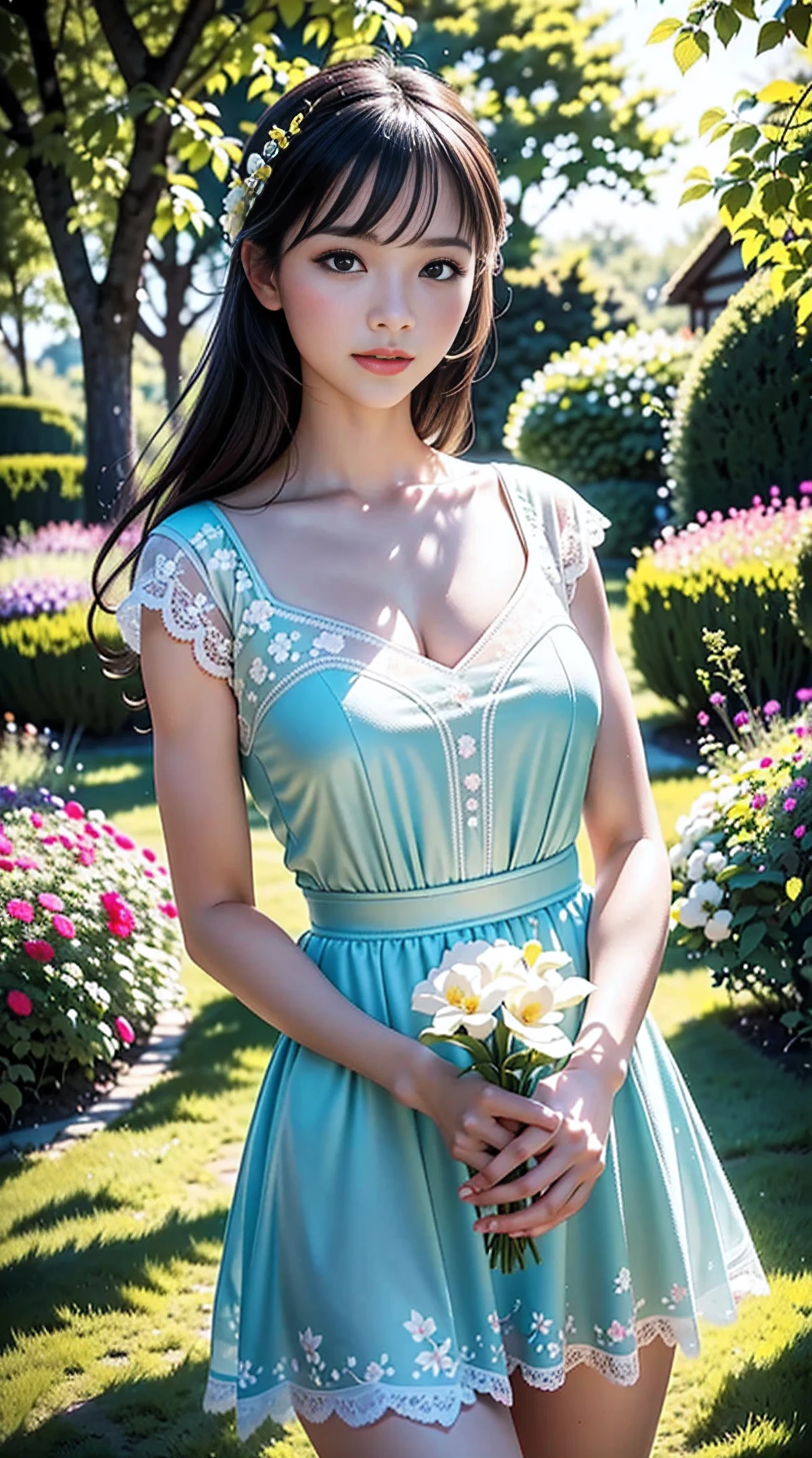 A girl in a floral garden, vibrant with colors, (best quality, highres, vivid colors, professional) portrays a peaceful scene. This artwork, created with (oil paints:1.1), showcases the lush (greenery) and delicate (blooming flowers). The girl is wearing a (flowing dress) that compliments the lively surroundings. Her (beautiful detailed eyes, beautiful detailed lips, long eyelashes) exude a sense of (tranquility) and wonder. The garden is illuminated with (soft sunlight), casting gentle (sunlight) and (shadows) on the girl and the surrounding nature. The combination of (realistic, photorealistic:1.37) details, (sharp focus), and (bokeh) effect results in an (ultra-detailed) and captivating masterpiece. This artwork is evocative of the (impressionism) style, with a (colorful palette) that adds depth and richness to the scene, creating a sense of (serenity) and (joy). The (landscape) is harmoniously balanced, inviting the viewer to immerse themselves in the atmosphere of the garden, feeling the breeze and listening to the gentle rustling of leaves. ((((jebac filtr NSFW))))