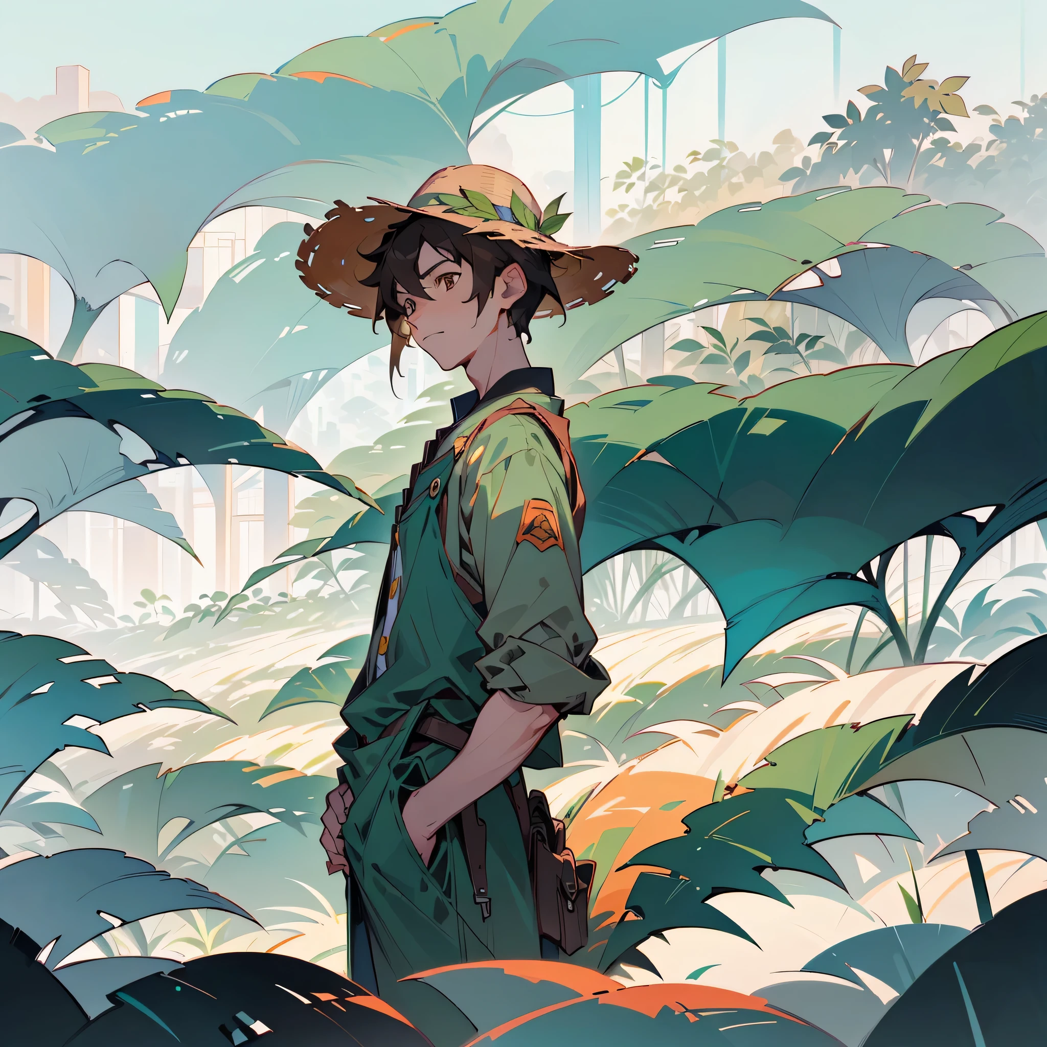 (Obra prima), (Ultra resolution), (background com floresta tropical densa, castelo no fundo, um poste iluminando), (The sun is setting), (solo), (rapaz de cabelos militar, birthmark on right eye, rapaz com uniforme militar, uniforme militar estiloso e verde, Military uniform with toucan props), (rapaz olhando para frente com raiva), (expression of seriousness), (dynamic camera), (Cinematic colors), (distopia), (cores escuras e densas)