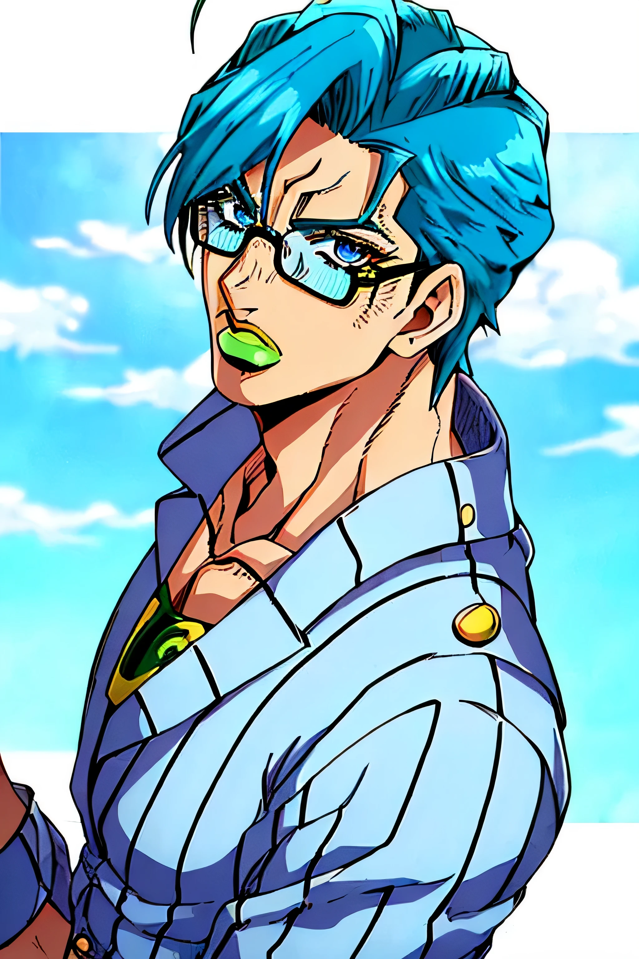 (StoneOcean, olhos coloridos brilhantes, cabelo colorido, Sozinho, batom de cor azul brilhante)+++, anime man with glasses and white coat, olhos azuis marinho, short icy blue hair, retrato de meio corpo, oculos nerd, Musculoso, alta qualidade, obra de arte, (Estilo JoJo), (estilo araki)