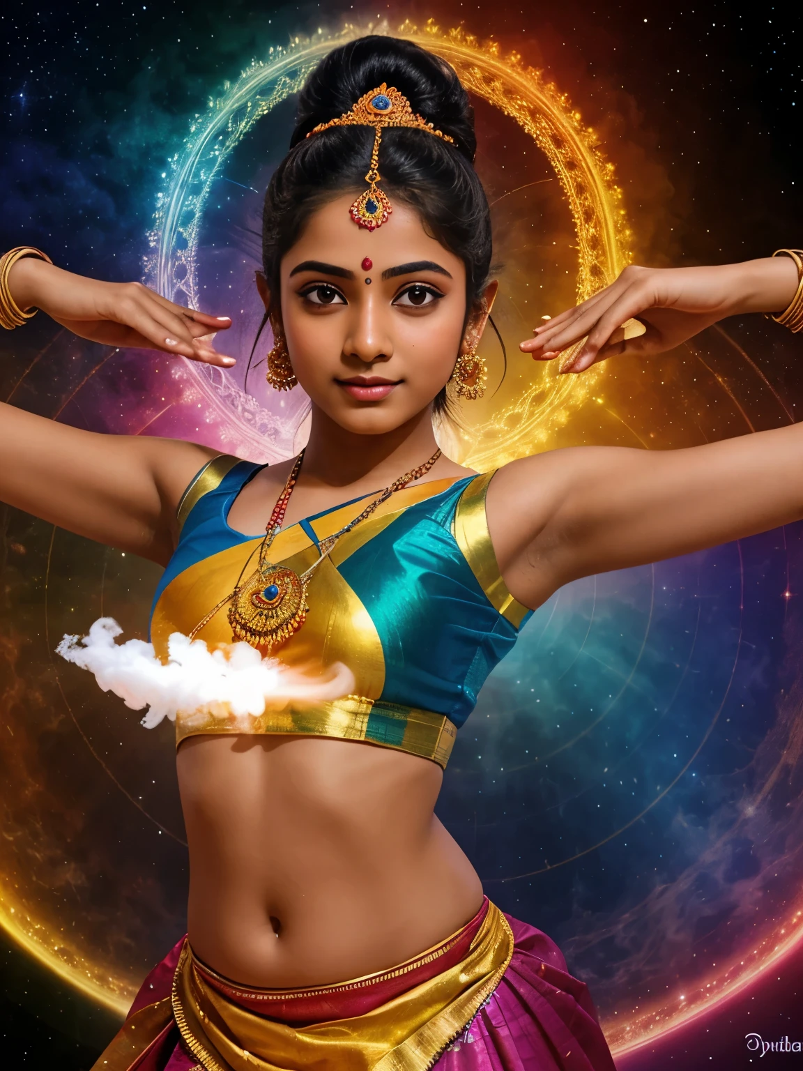 an outline sketch of 18 year old girl dancing Bharatanatyam, beautiful realistic face, eyes symmetry, face symmetry, cosmic rays smoke, covered with vibrant color smoke, in the deep space, intricate details, cinematic effects, field of depth, celestial bodies, CGI, HDR, hyper realistic