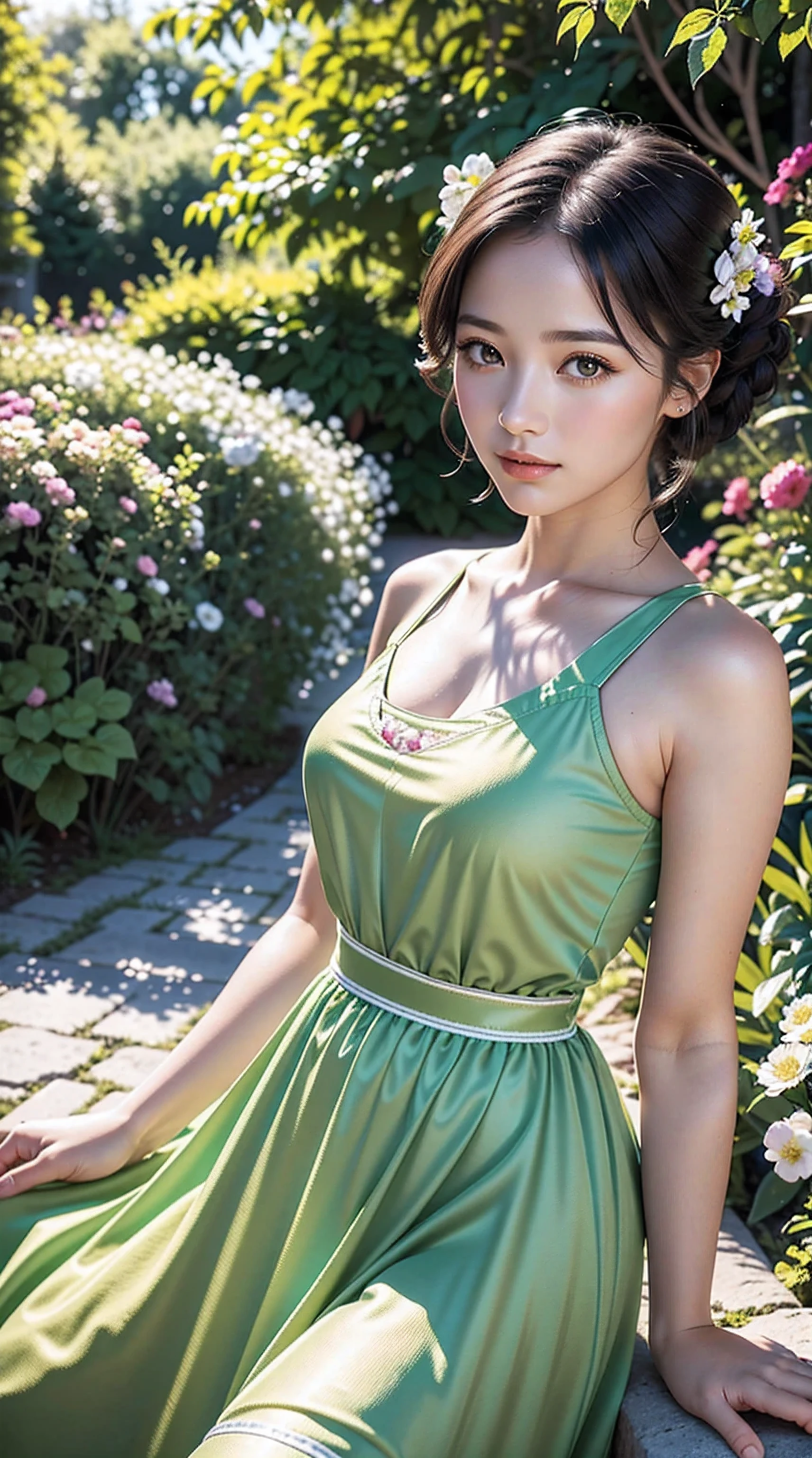 1 girl, Blue eyes. Full length, holding a lily in her hand, blue short couture bell dress, with straps, open shoulders. Blue eyes glow with happiness. Head tilted, short brown hair, graceful head, with a clear smile on her face, Chic interior - sunshine. Chara, a golden studio background, stands among white flowers. Brown hair, blunt bangs, hair between the eyes, parted bangs, long eyelashes, earrings, slight smile, Realism, Surrealism, Art Deco, chiaroscuro, backlighting, masterpiece, anatomically correct, super detail, excellent detail, award-winning, best quality, 1080P, HD