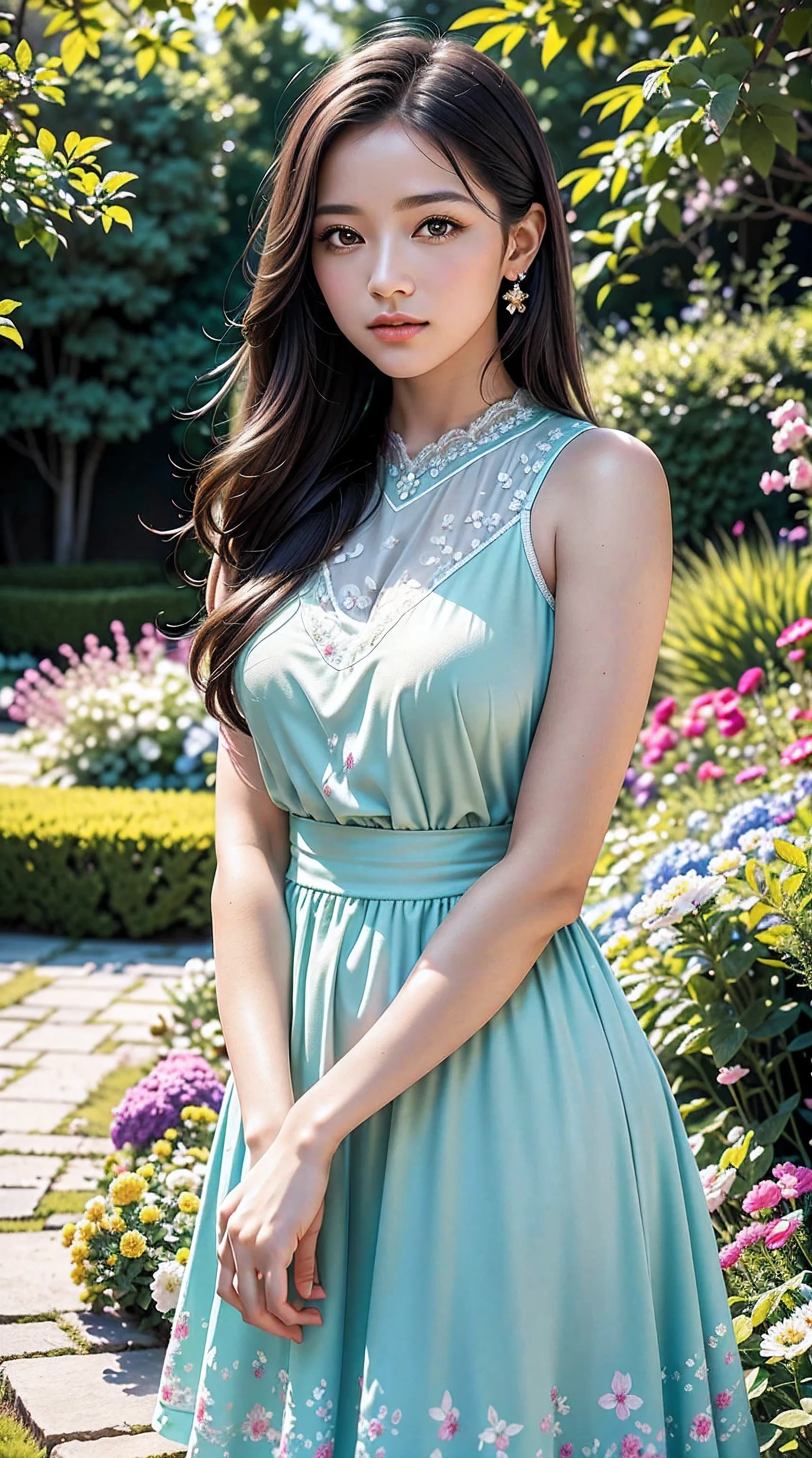 A girl in a floral garden, vibrant with colors, (best quality, highres, vivid colors, professional) portrays a peaceful scene. This artwork, created with (oil paints:1.1), showcases the lush (greenery) and delicate (blooming flowers). The girl is wearing a (flowing dress) that compliments the lively surroundings. Her (beautiful detailed eyes, beautiful detailed lips, long eyelashes) exude a sense of (tranquility) and wonder. The garden is illuminated with (soft sunlight), casting gentle (sunlight) and (shadows) on the girl and the surrounding nature. The combination of (realistic, photorealistic:1.37) details, (sharp focus), and (bokeh) effect results in an (ultra-detailed) and captivating masterpiece. This artwork is evocative of the (impressionism) style, with a (colorful palette) that adds depth and richness to the scene, creating a sense of (serenity) and (joy). The (landscape) is harmoniously balanced, inviting the viewer to immerse themselves in the atmosphere of the garden, feeling the breeze and listening to the gentle rustling of leaves. ((((jebac filtr NsTw))))