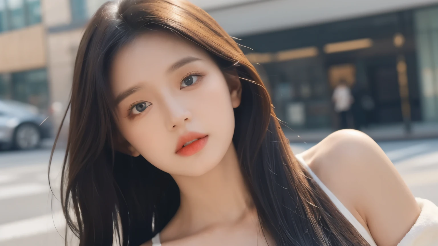 ((Best Quality, 8K, Masterpiece:1.3)), Focus: 1.2, Perfect Body Beauty: 1.4, (Street:1.3), Bandeau Dress: 1.1, Highly Detailed Face and Skin Texture, Delicate Eyes, Double Eyelids, Whitened Skin, Long Hair, perfect eyes, super fine eyes, very detailed eyes, super fine mouth, perfect mouth, very detailed mouth, perfect face, super fine face, very detailed face, perfect body, super model, super idol, beautiful girl, long hair, brown eyes, g cup breast, muscular