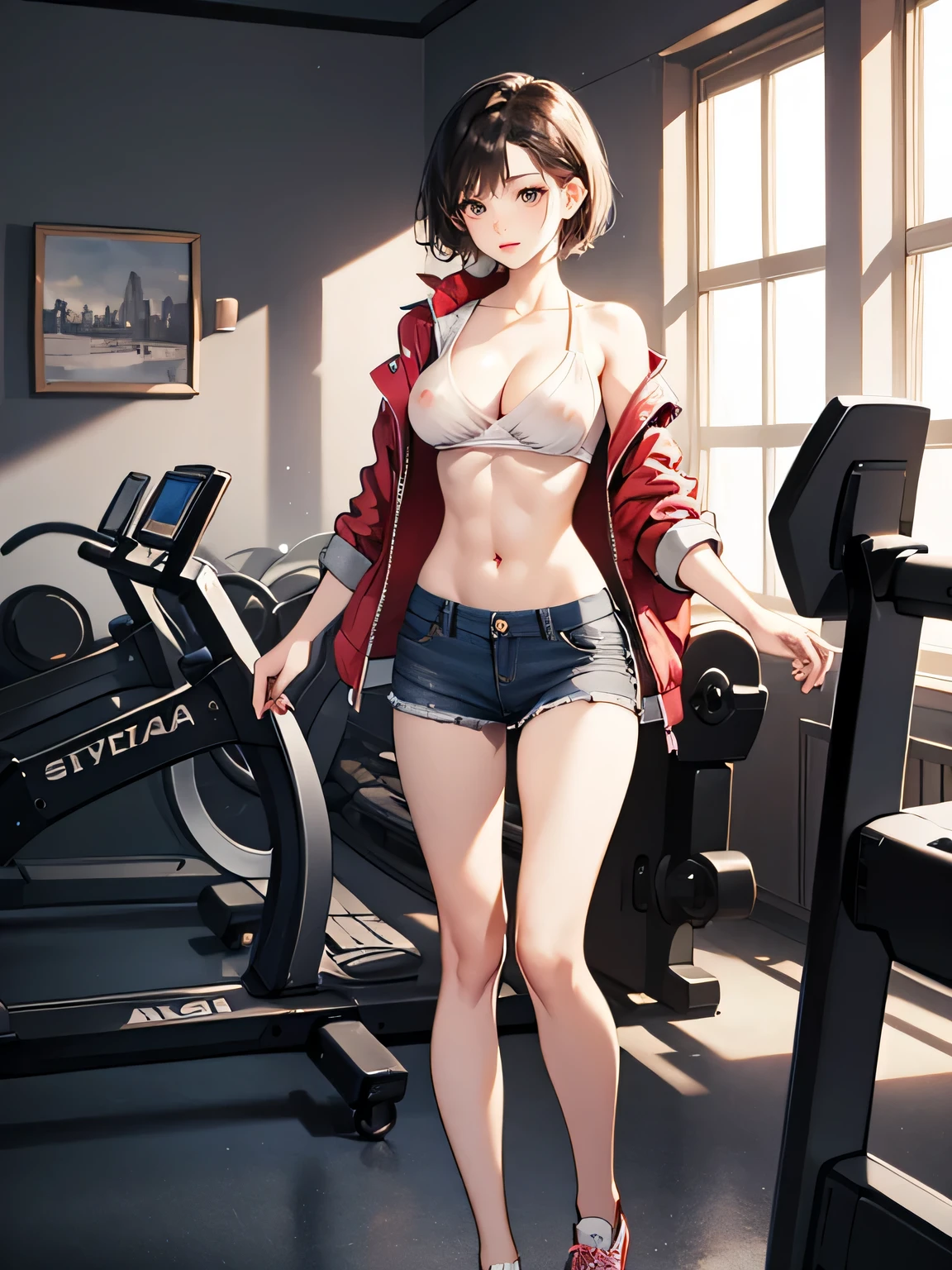 Perfect Body Beauty: 1.4, Slim Abs: 1.1, gigantic breasts,t quality, cute face, skinny body, slender, full body, nipple, cute Koemale, short hair, Beautiful skin, she wearing only short tight mini small denim skirt, dancing, Stand facing side, naked , in gym, Best ty, ultra detailed body, Ray tracing, photograph