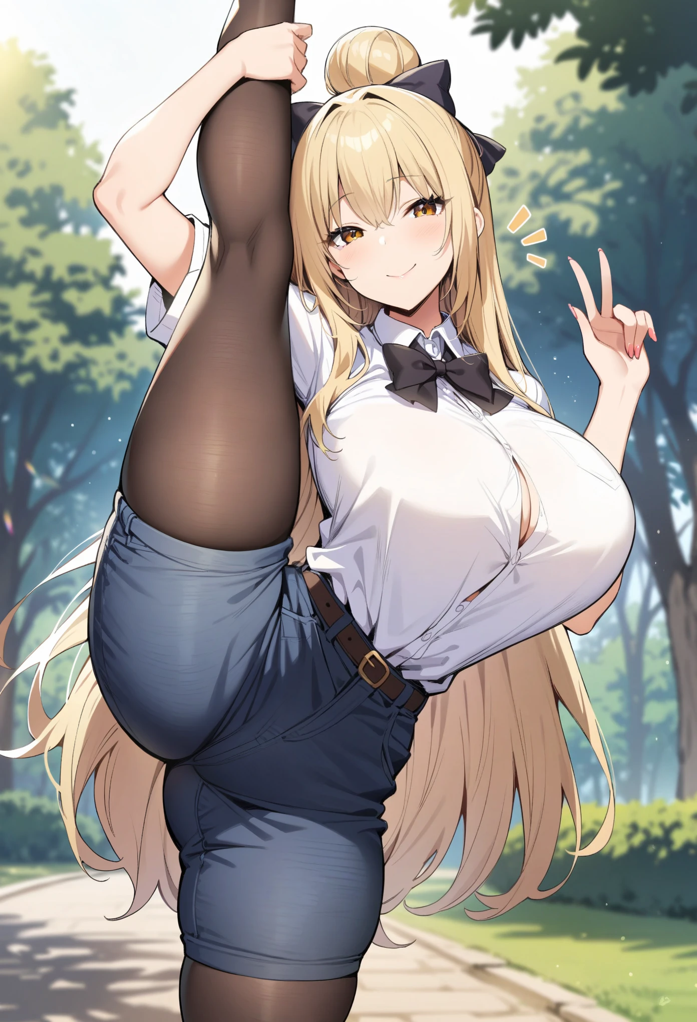 masterpiece, best quality, highres, JK,huge tit,1girl,standing_split,standing on one leg,black bow,black bowtie,blonde hair,bow,bowtie,breasts,hair bun,long hair,looking at viewer,shirt tucked in,Blue jeans, smile,tented shirt,in morning,sun,in park,