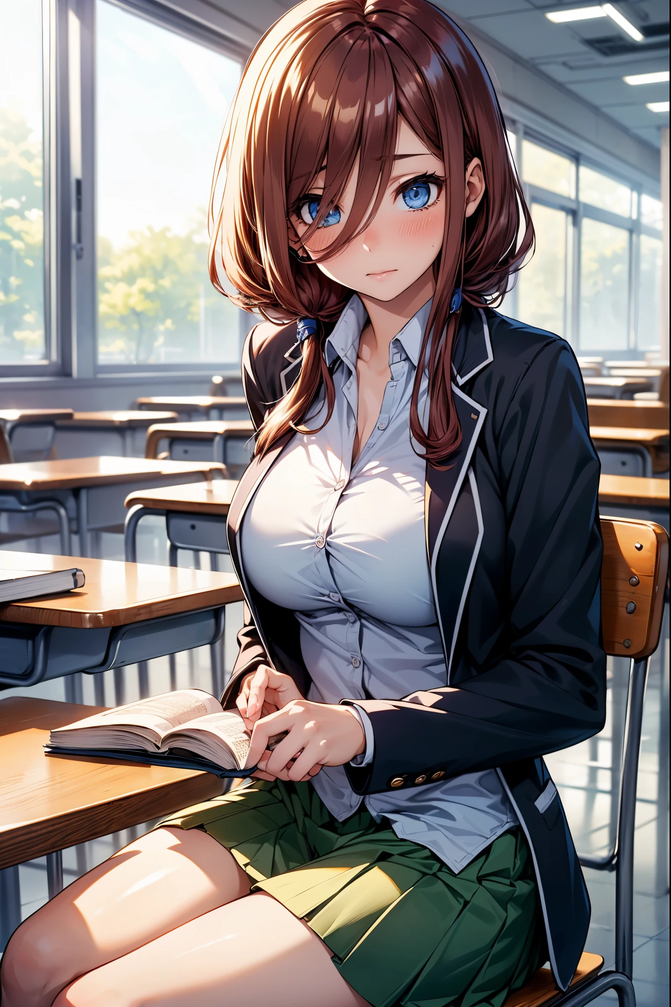 ((nakano miku)),(masterpiece, best quality:1.2), ((young girl)), (cute) ,((nfsw:1.5)), ((beautiful eyes)),((brown hair)),( hair between eyes) ,(long hair), asymmetric hair, half updo hair, ((blue eyes eyes)), bokeh , (correct anatomy:1.6), ((in school canteen)), (sits on the chair), (table in front of her) ,(collared shirt, green skirt, blazer, blue cardigan), (headphones), ((embrassed, blushing)), (holds book), (thicc thighs), (unzips shirt), (visible breasts),