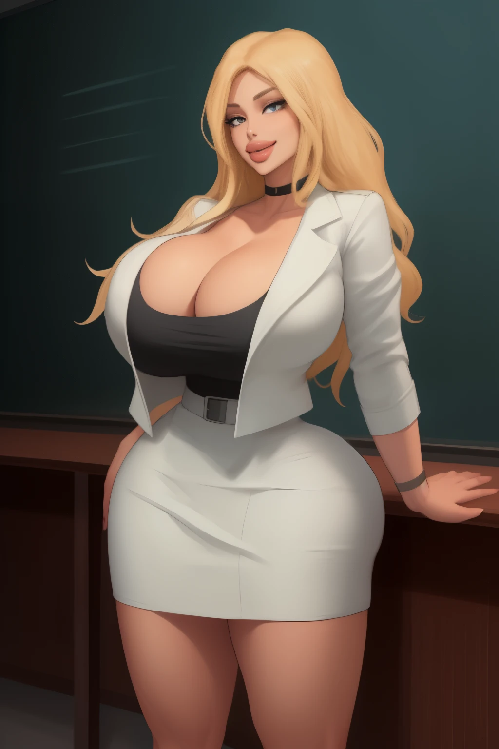 (masterpiece), (best quality), extremely detailed,
irina jelavic, black choker, white jacket, black sleeveless shirt, white skirt, black belt, classroom, cowboy shot, confident, smile, (smirk:0.8),
hand on hip, arm at side