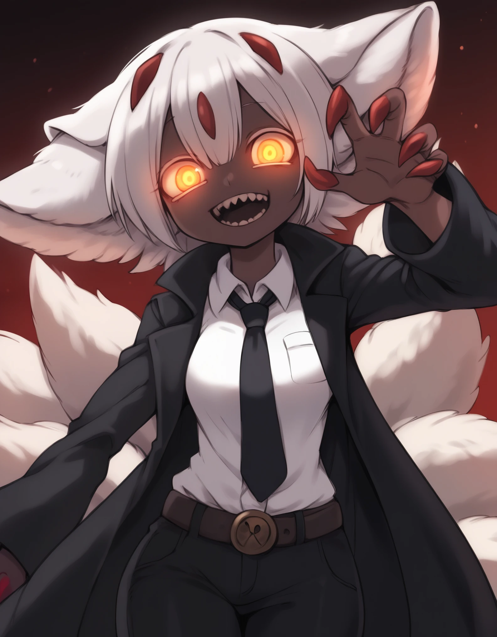 Faputa, 1girl, dark skin, dark-skinned girl, white hair, short hair, 4arms, red claws, multiple tails, yellow eyes, yawning, white fur, animal ears, smug, medium breasts, black coat, long coat, open coat, white shirt, black necktie, black pants, belt, dark background, creepy, horror \(theme\), grain, red background, smile, looking at viewer, ((ringed eyes)), glowing eyes, dark theme, low light,, 