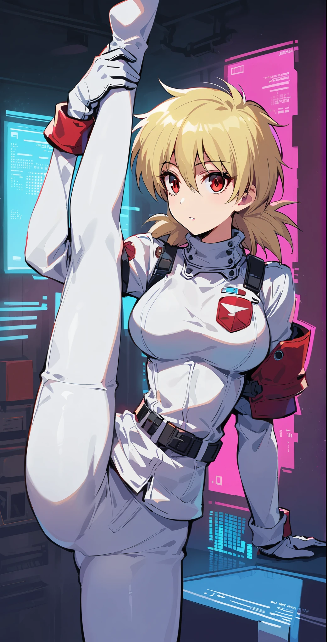 (best quality:1.2),1girl,solo,standing_split,seras victoria, seras, hellsing, seras,white bodysuit,red eyes,pilot suit,short hair,blonde hair,bangs,interface headset,turtleneck,hair between eyes,pixelated background,neon lights,sci-fi color scheme,vivid colors,metallic texture,detailed shading,holographic interface,dark atmosphere,high contrast,sharp focus,wisps of hair,reflective surface,exquisite details,high-res,studio lighting,red accents,illuminated surroundings,artificial intelligence assistant